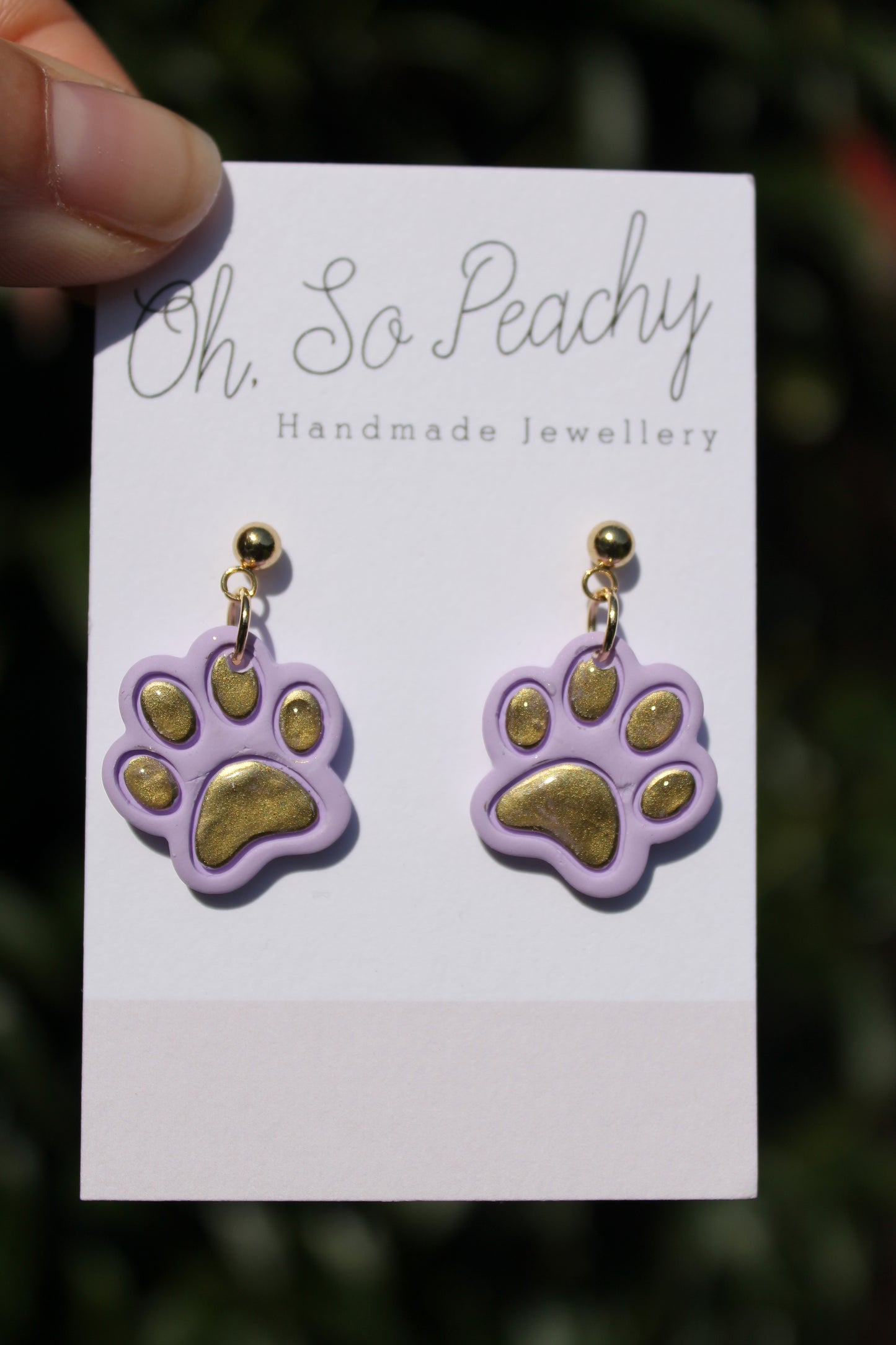 Polymer Clay Chrome Paw Print Ball Stud Earrings Lilac Gold Hardware