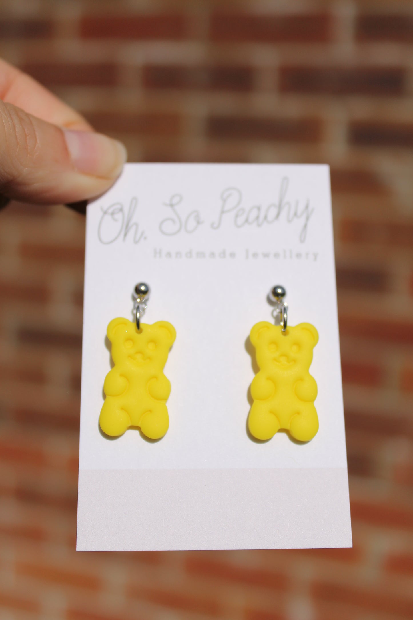 Polymer Clay Gummy Bear Ball Stud Earrings Yellow Silver Hardware
