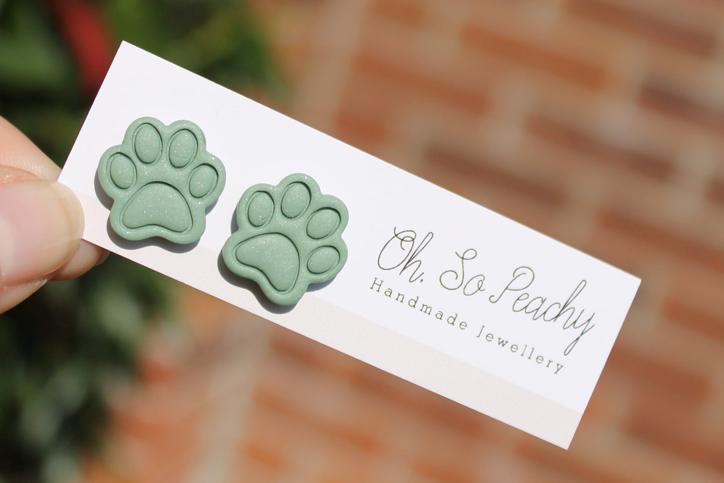 Polymer Clay Paw Print Stud Earrings sage green pearl
