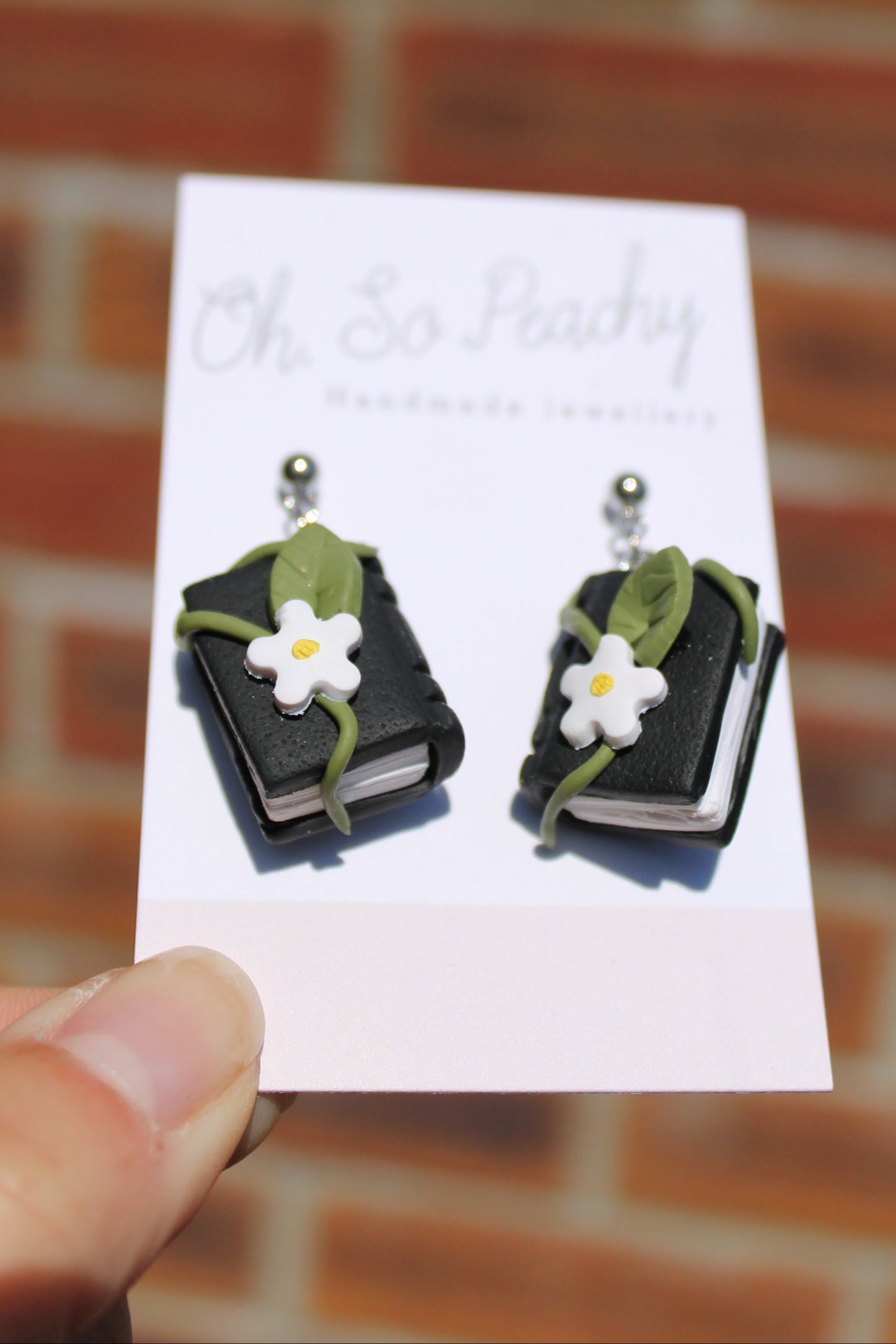 Polymer Clay Flower Book Ball Stud Earrings Black Silver Hardware 1