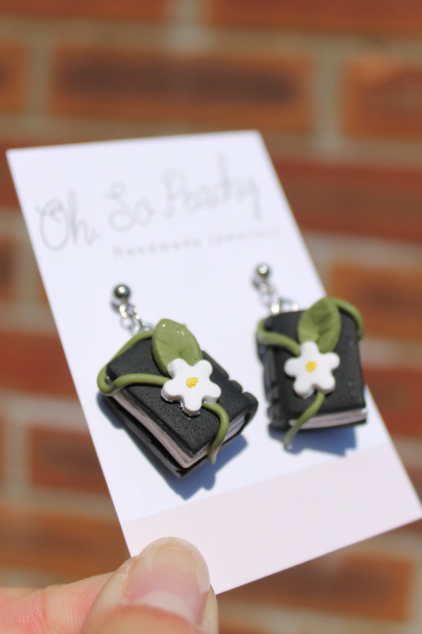 Polymer Clay Flower Book Ball Stud Earrings Black Silver Hardware 2