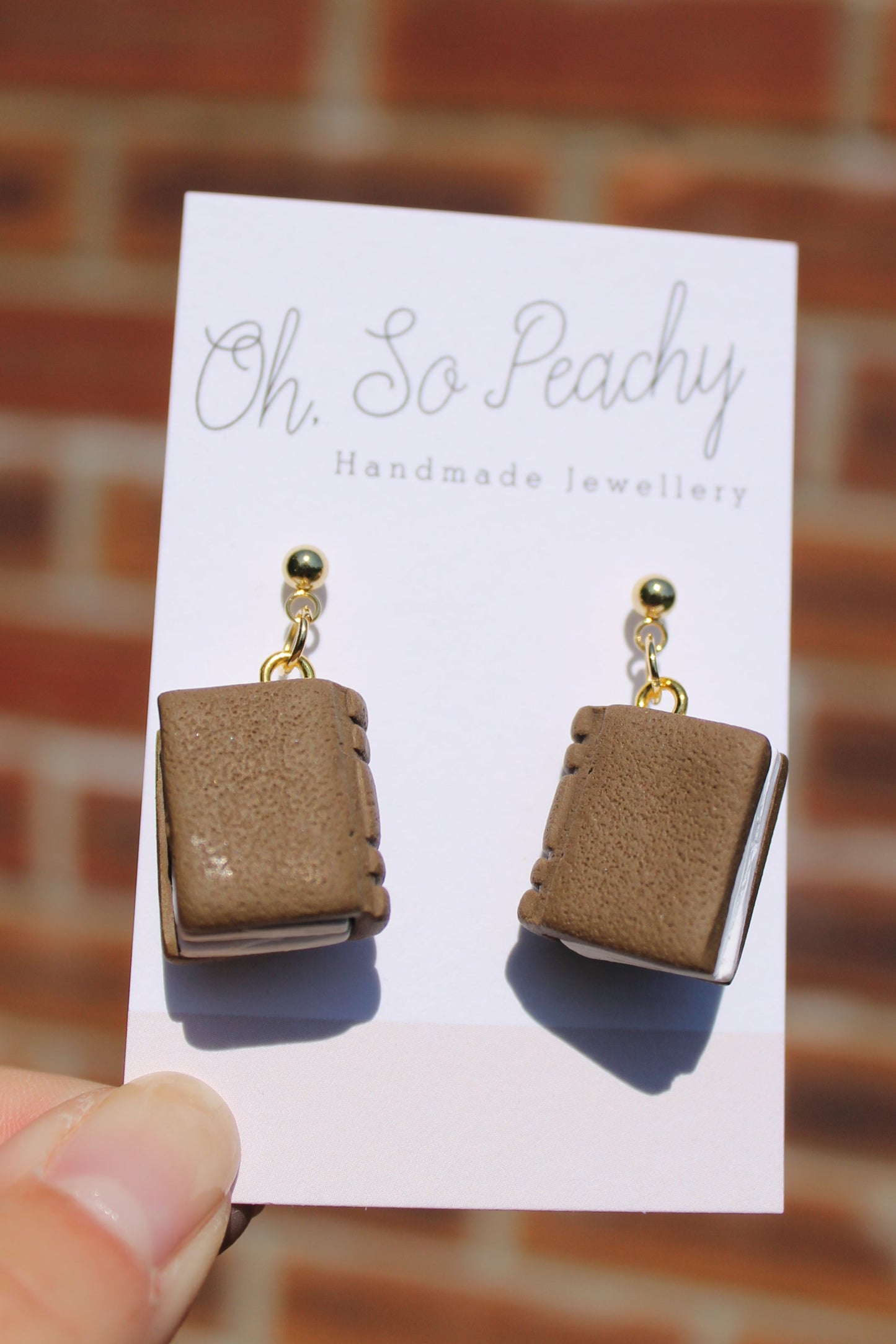 Polymer Clay Plain Book Ball Stud Earrings Brown Gold Hardware 2
