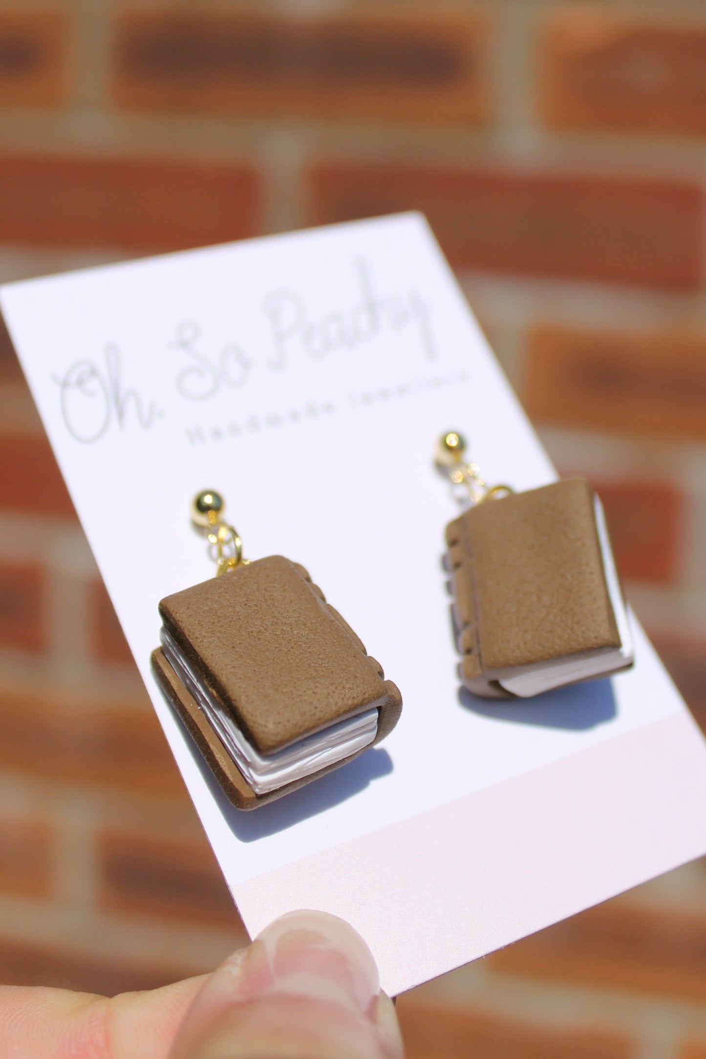 Polymer Clay Plain Book Ball Stud Earrings Brown Gold Hardware 3