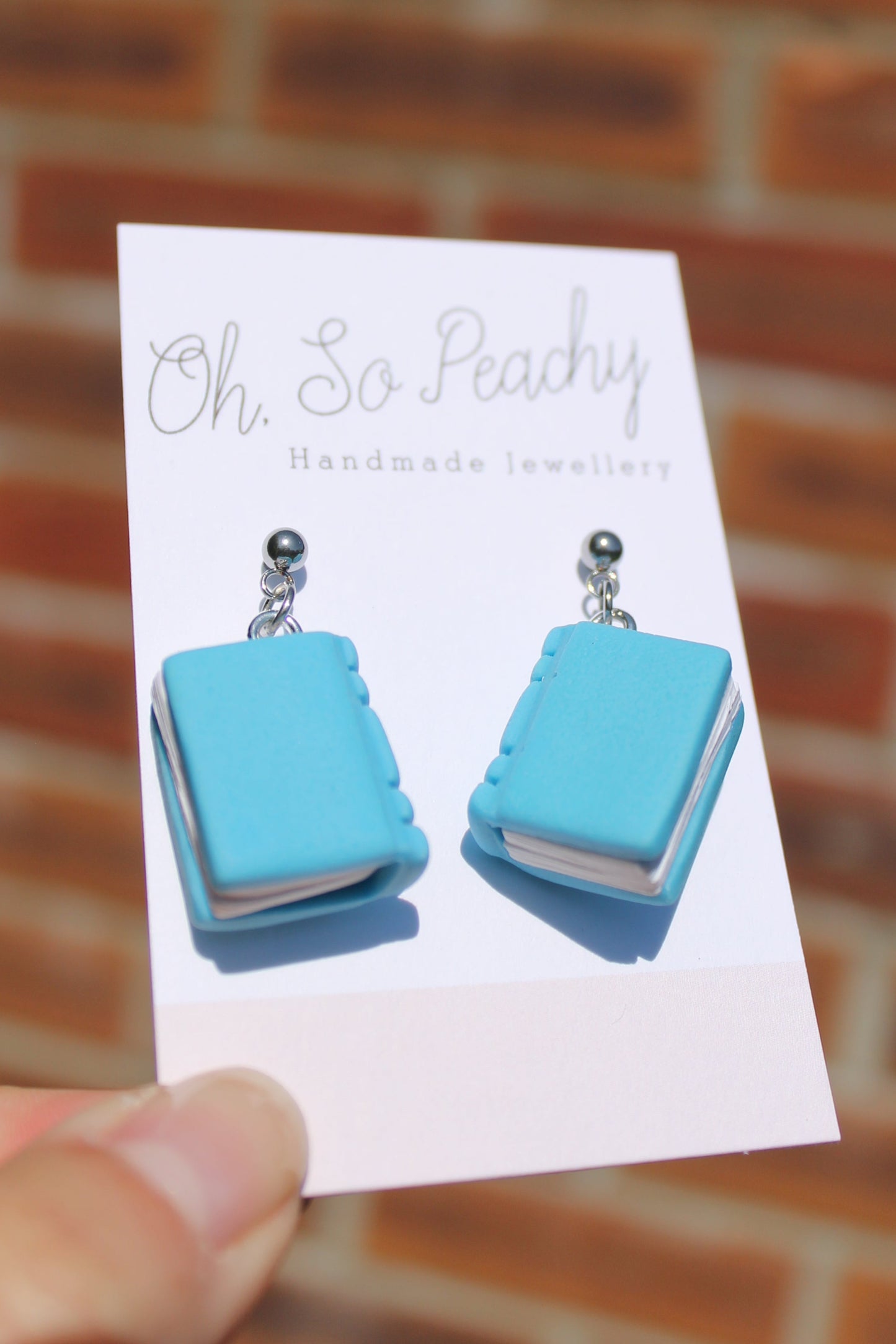 Polymer Clay Plain Book Ball Stud Earrings Blue Silver Hardware 1