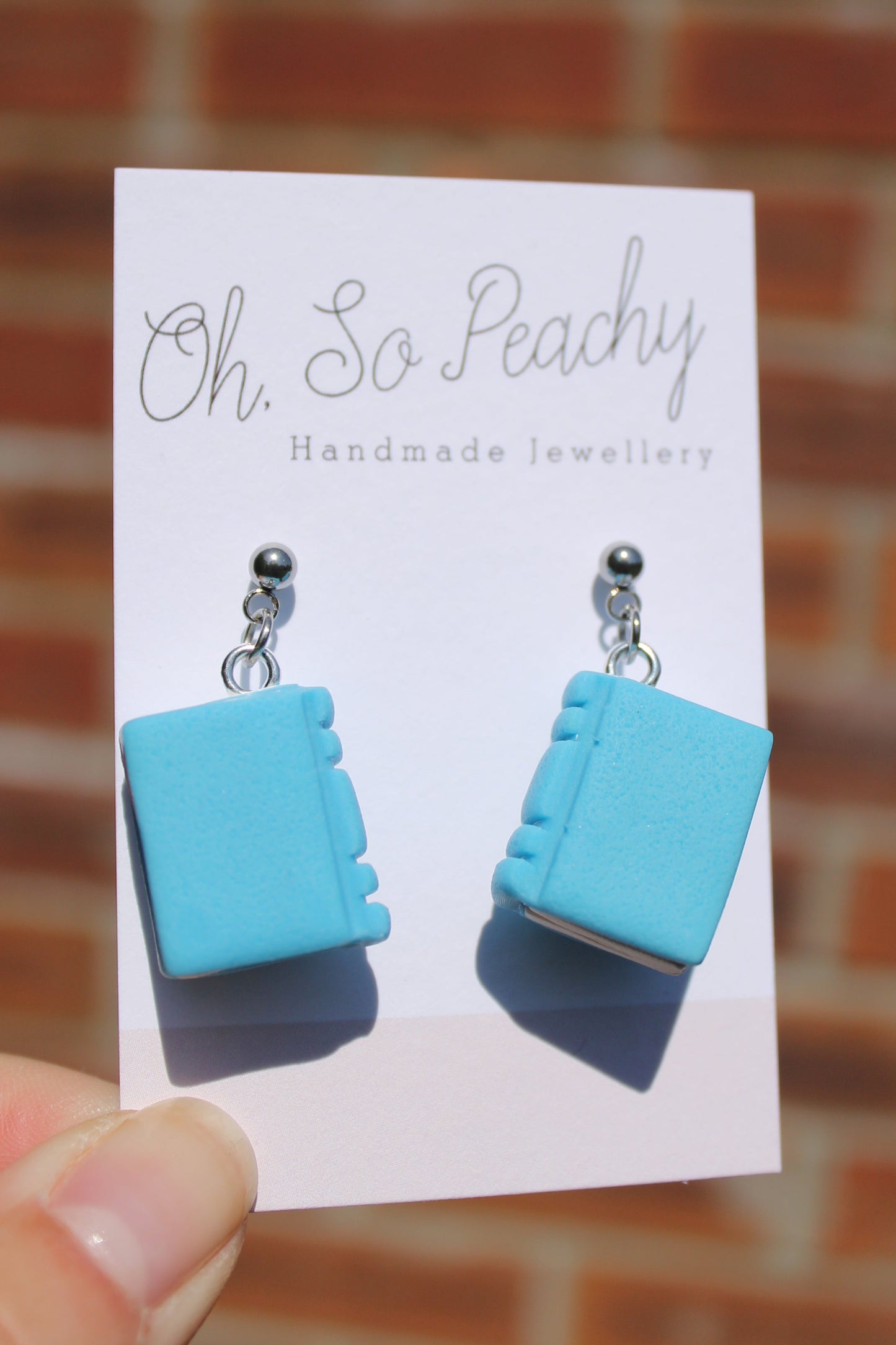 Polymer Clay Plain Book Ball Stud Earrings Blue Silver Hardware 3