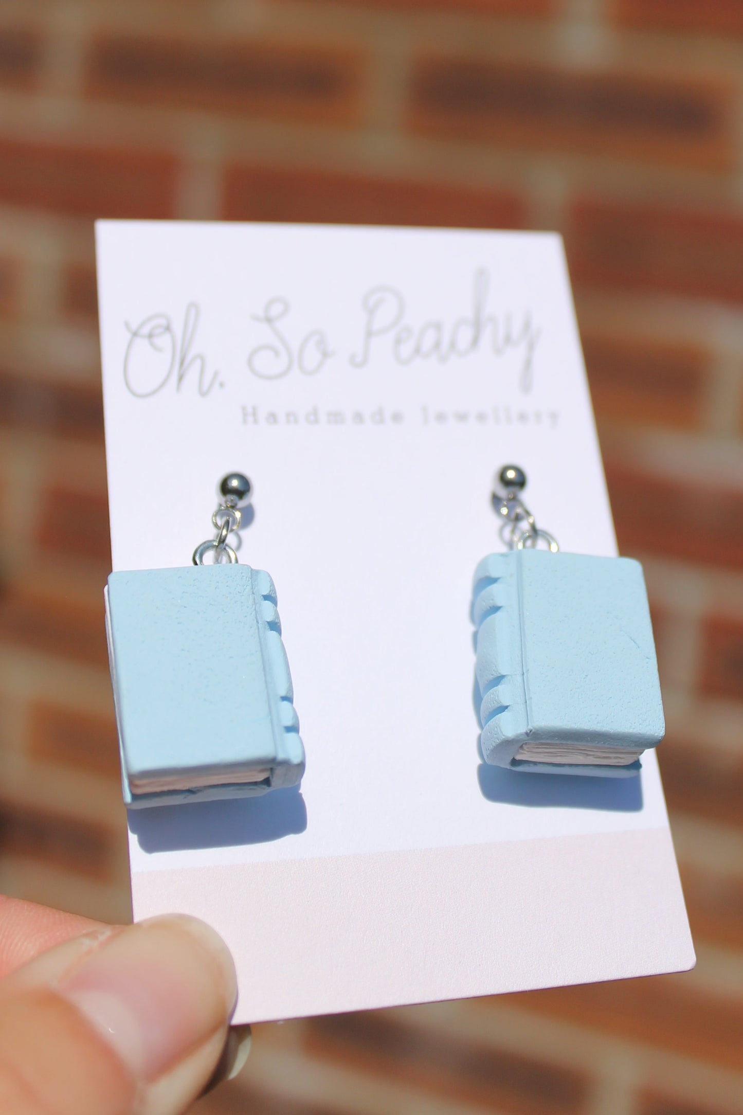 Polymer Clay Plain Book Ball Stud Earrings Light Blue Silver Hardware 1