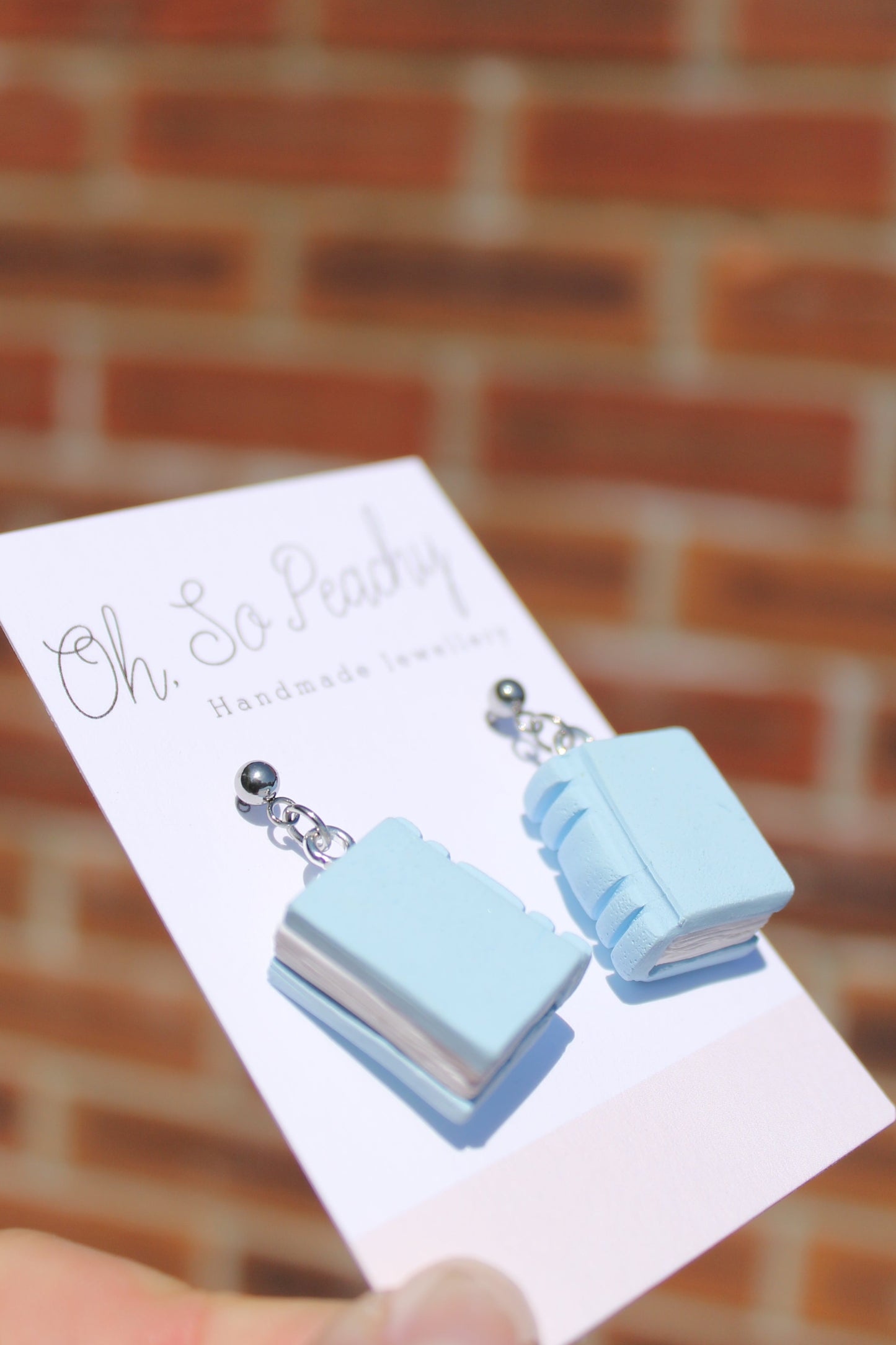 Polymer Clay Plain Book Ball Stud Earrings Light Blue Silver Hardware 2