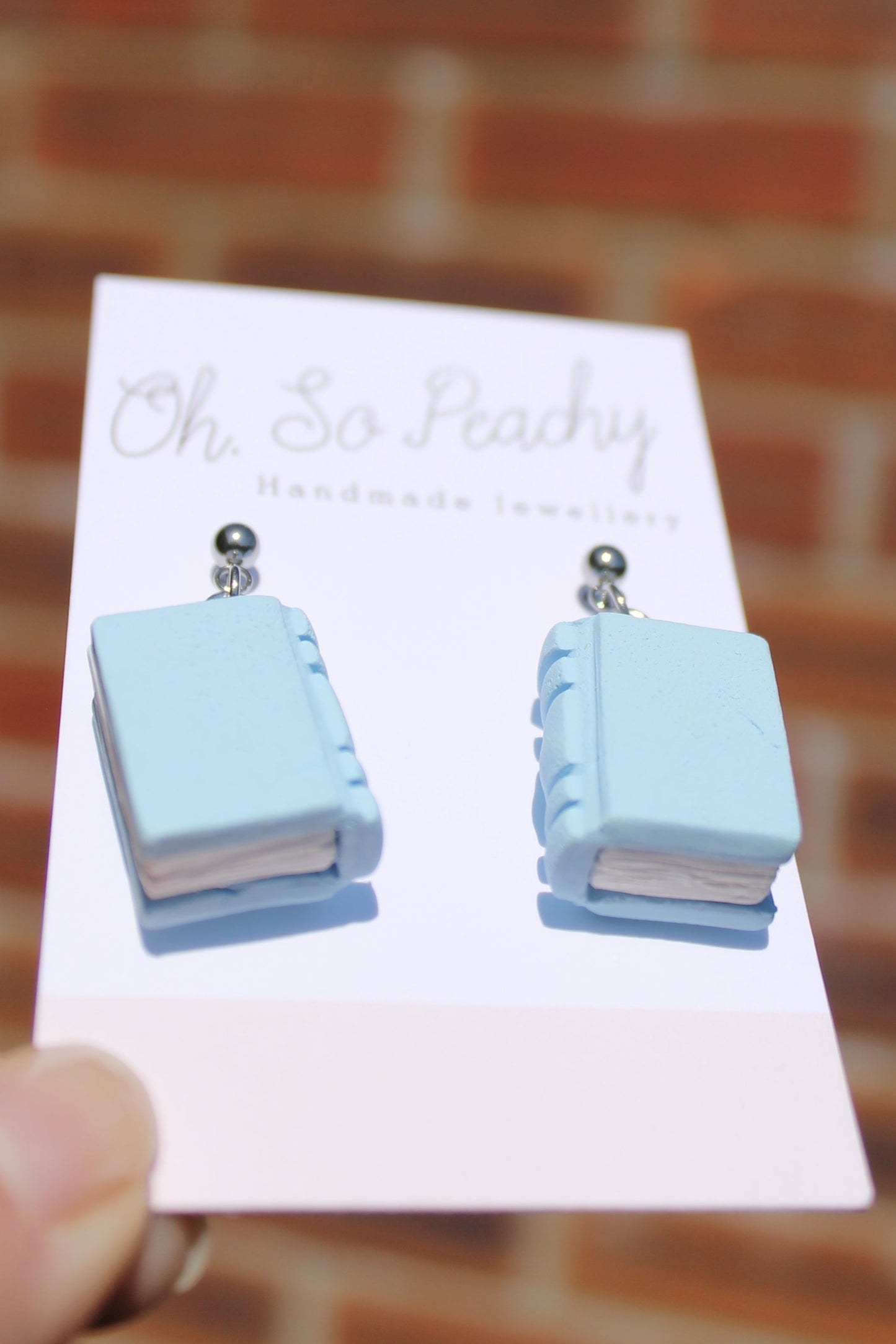 Polymer Clay Plain Book Ball Stud Earrings Light Blue Silver Hardware 3
