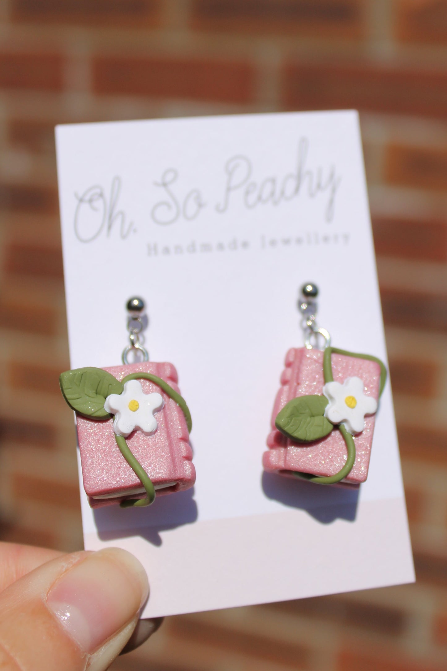 Polymer Clay Flower Book Ball Stud Earrings Pink Pearl Silver Hardware 1