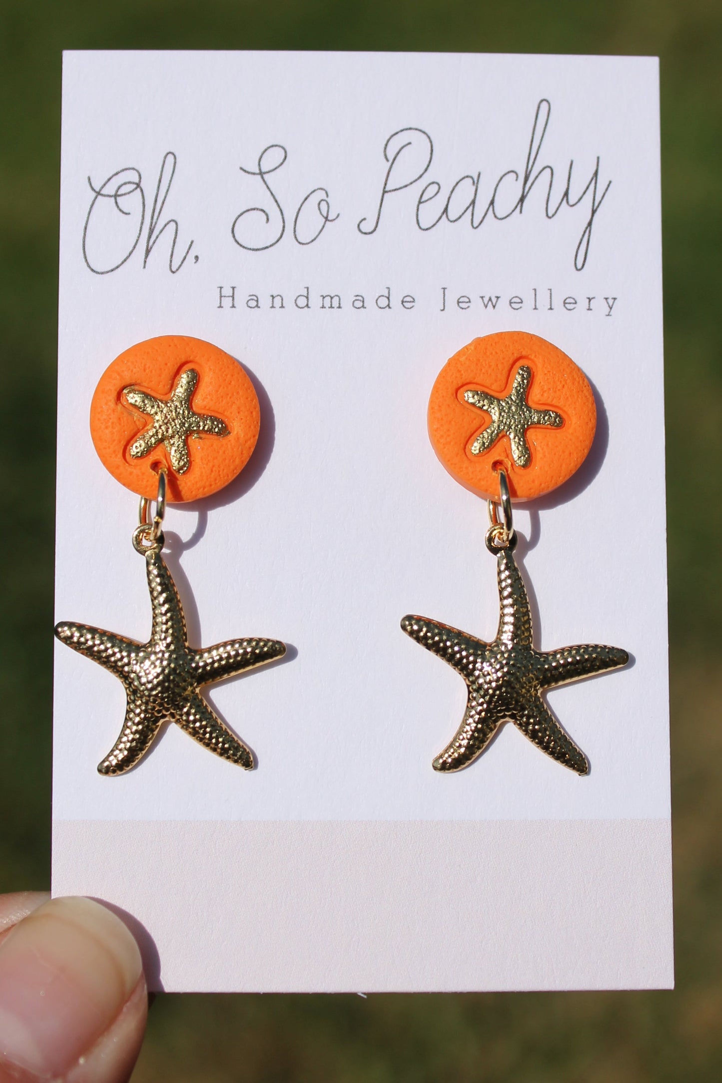 Polymer Clay Starfish Stud Earrings With A Gold Starfish Charm Orange