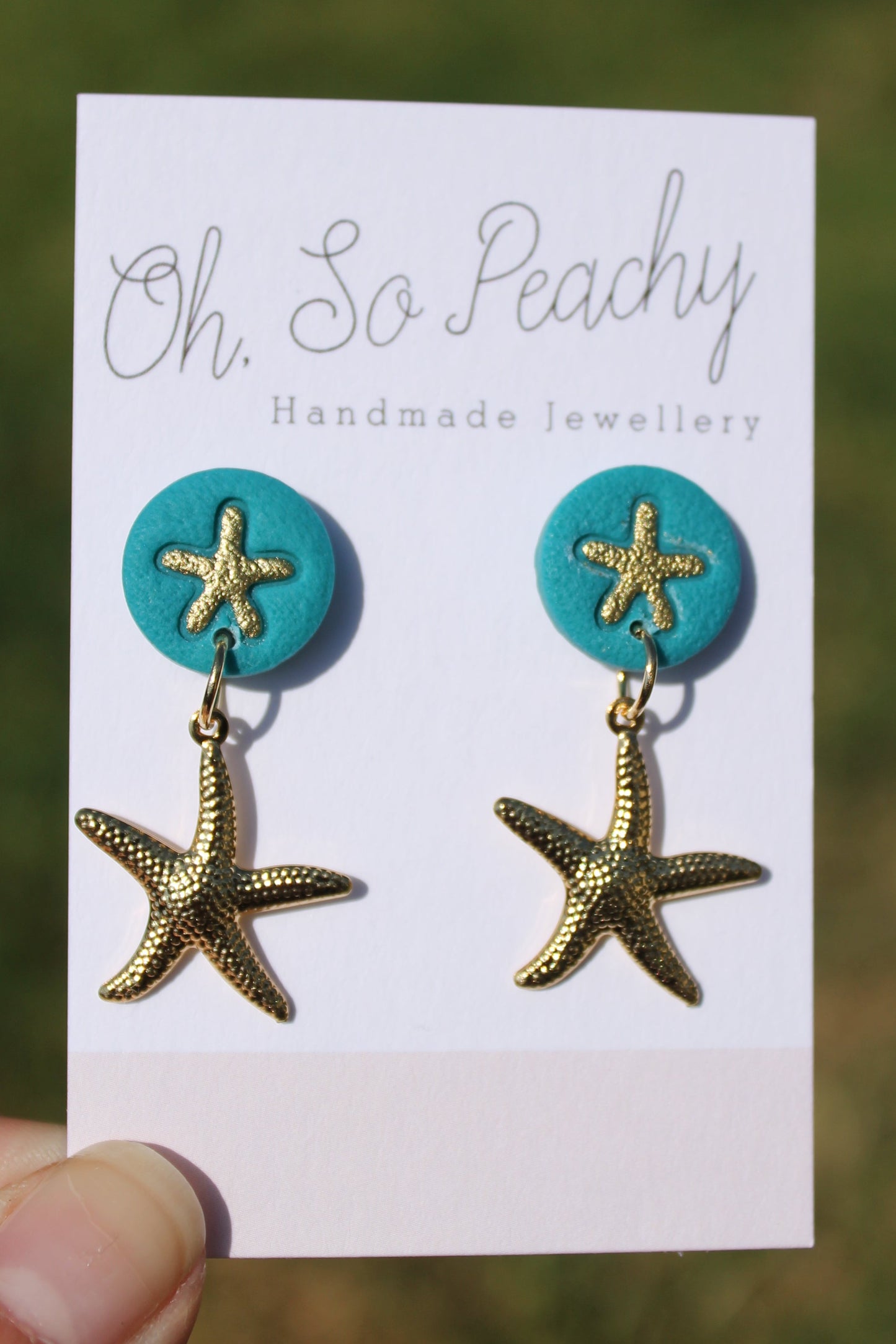 Polymer Clay Starfish Stud Earrings With A Gold Starfish Charm Sea Glass Green