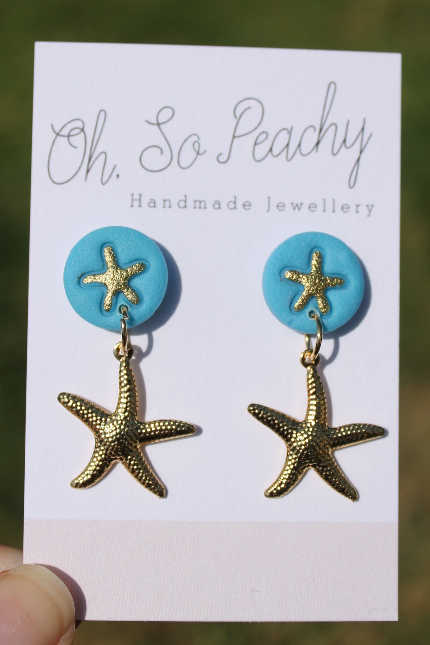 Polymer Clay Starfish Stud Earrings With A Gold Starfish Charm Blue