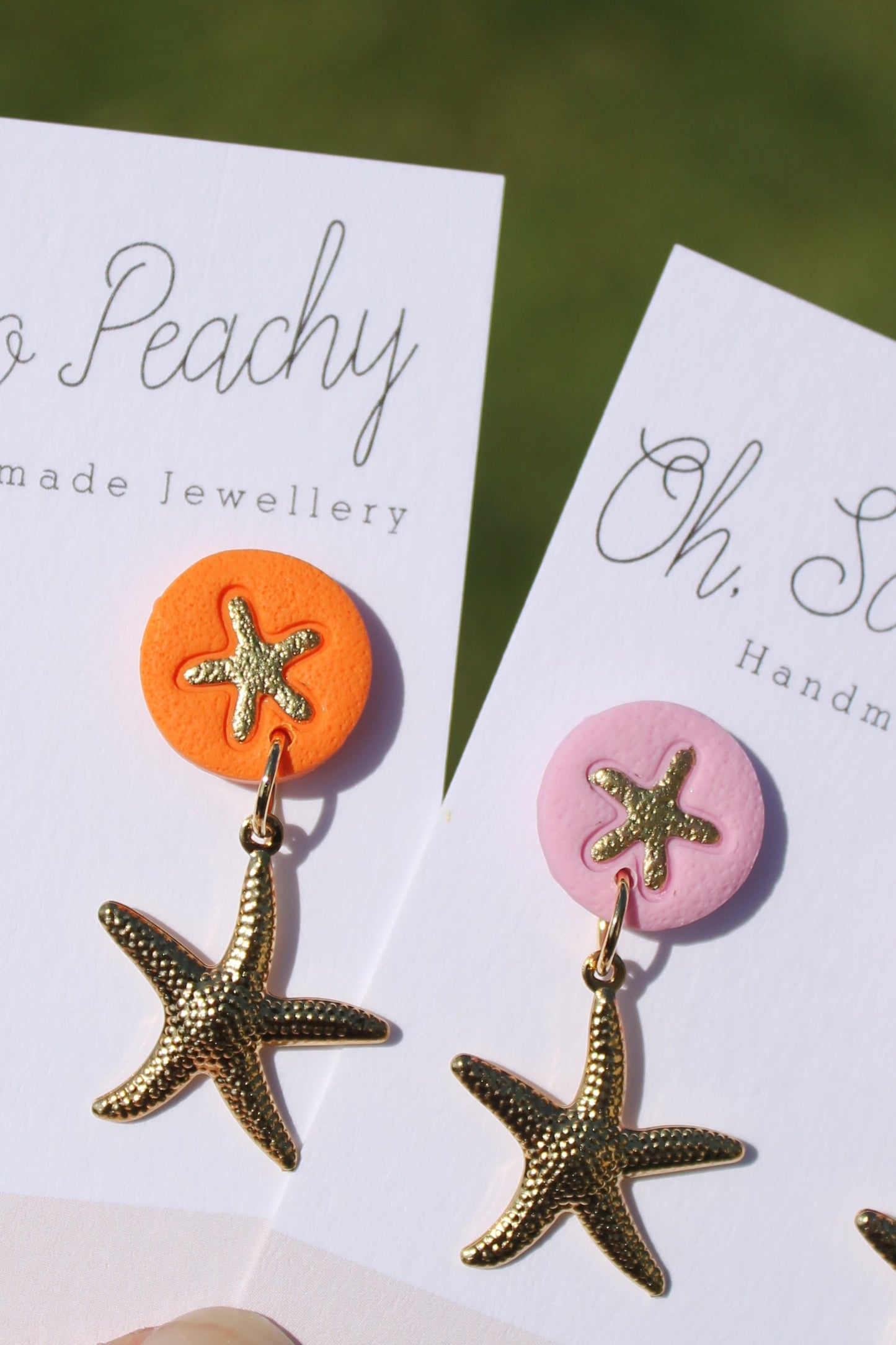 Polymer Clay Starfish Stud Earrings With A Gold Starfish Charm Orange And Pink