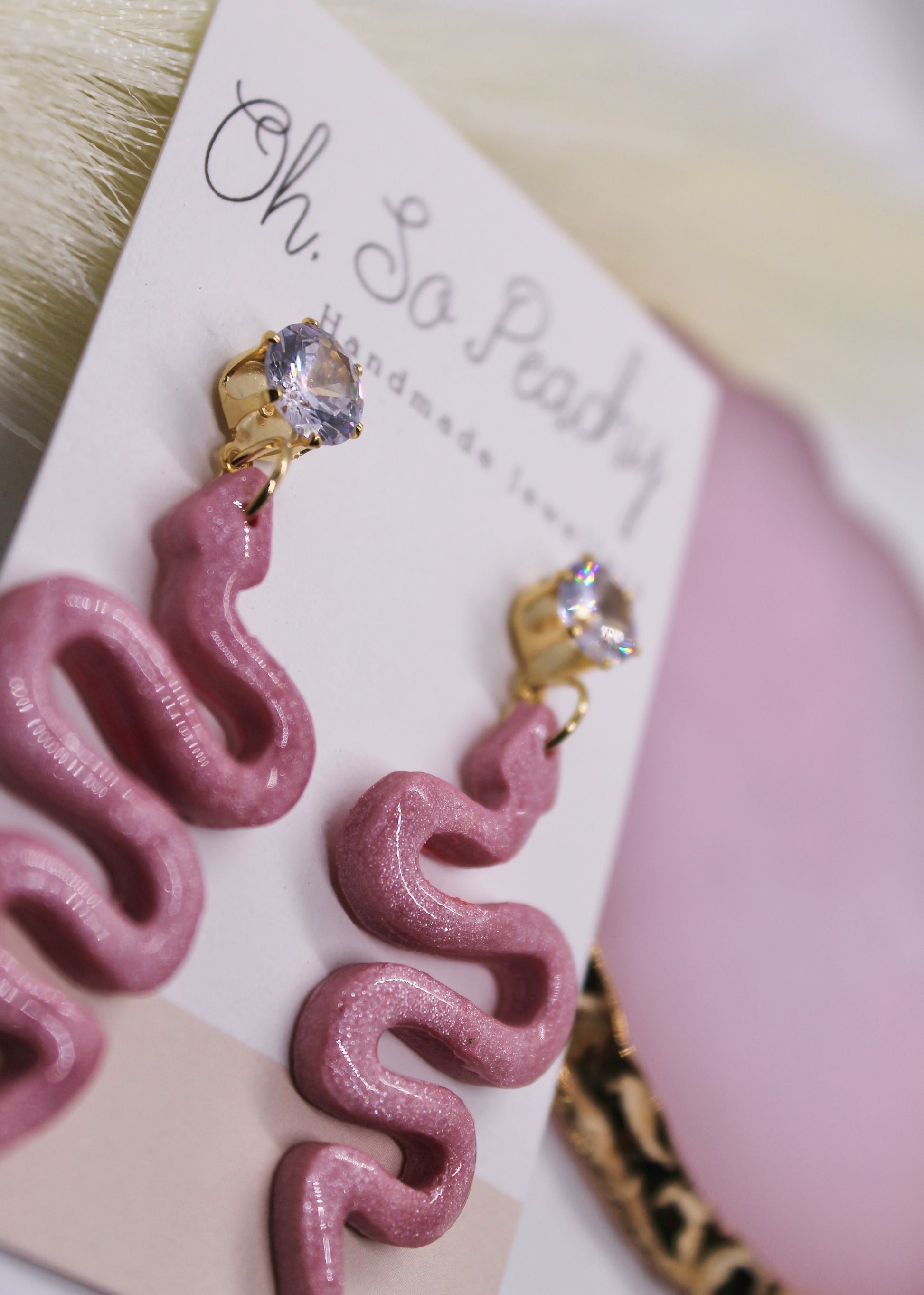 Polymer Clay Pink Pearl Snake Jewel Stud Earrings Close Up