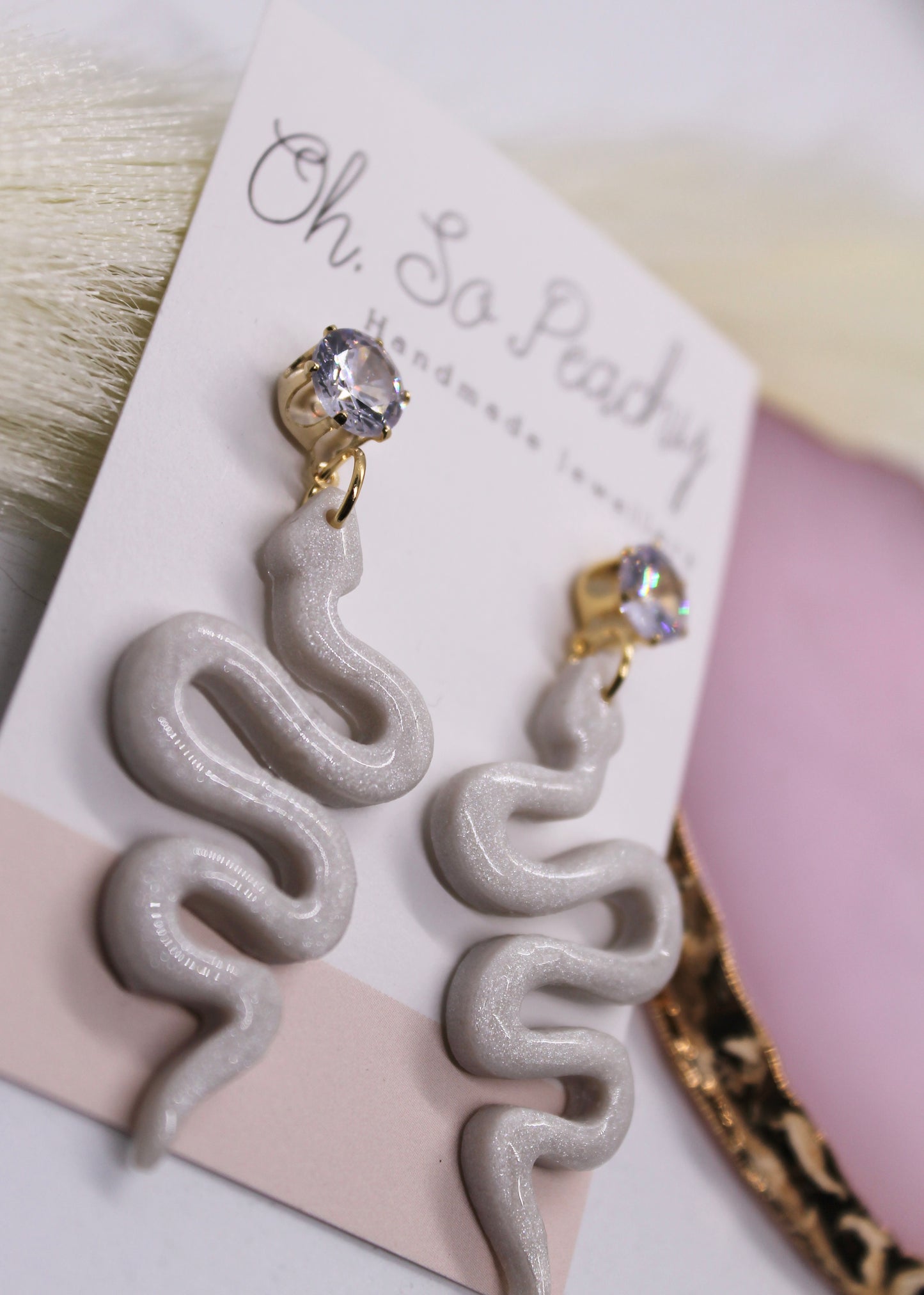 Polymer Clay Pearl Snake Jewel Stud Earrings Close Up