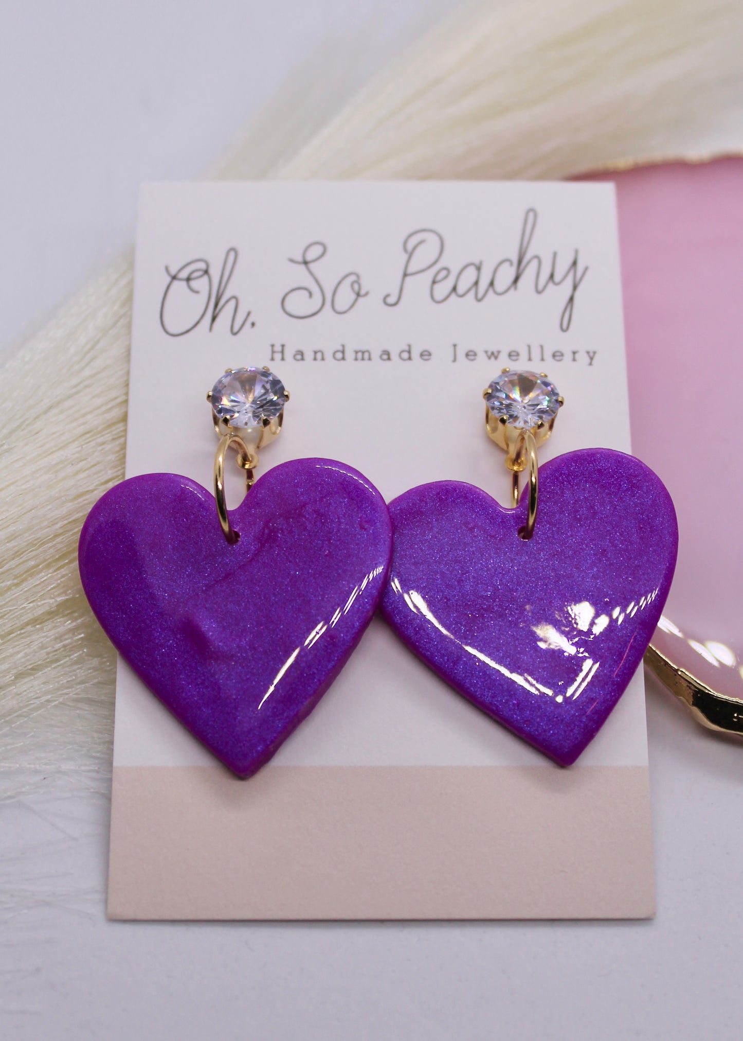 Polymer Clay Deep Purple Pearl Heart Jewel Stud Earrings