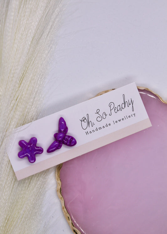 Polymer Clay Purple Pearl Bee And Flower Stud Earrings