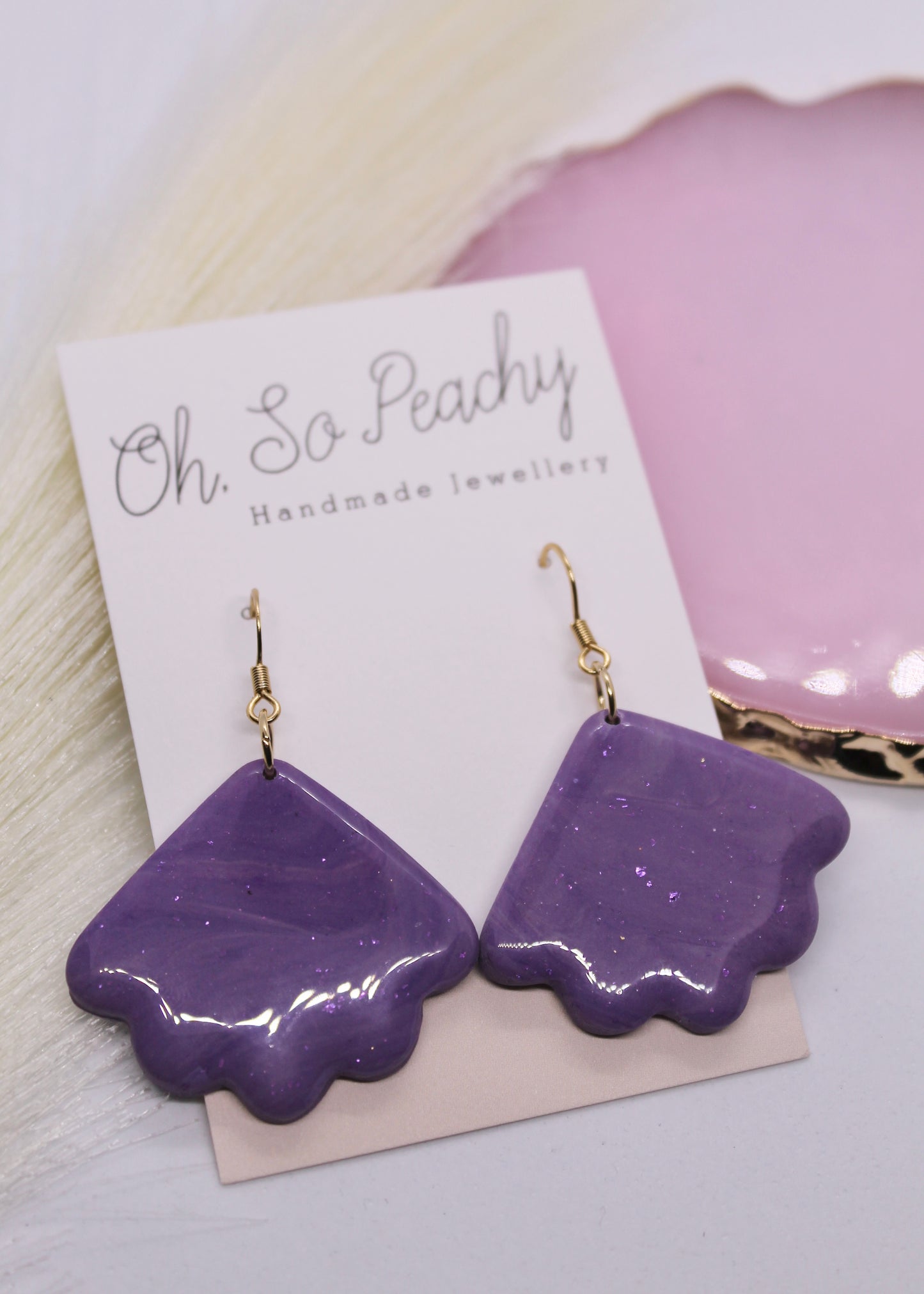 Polymer Clay Purple Fan Hook Earrings