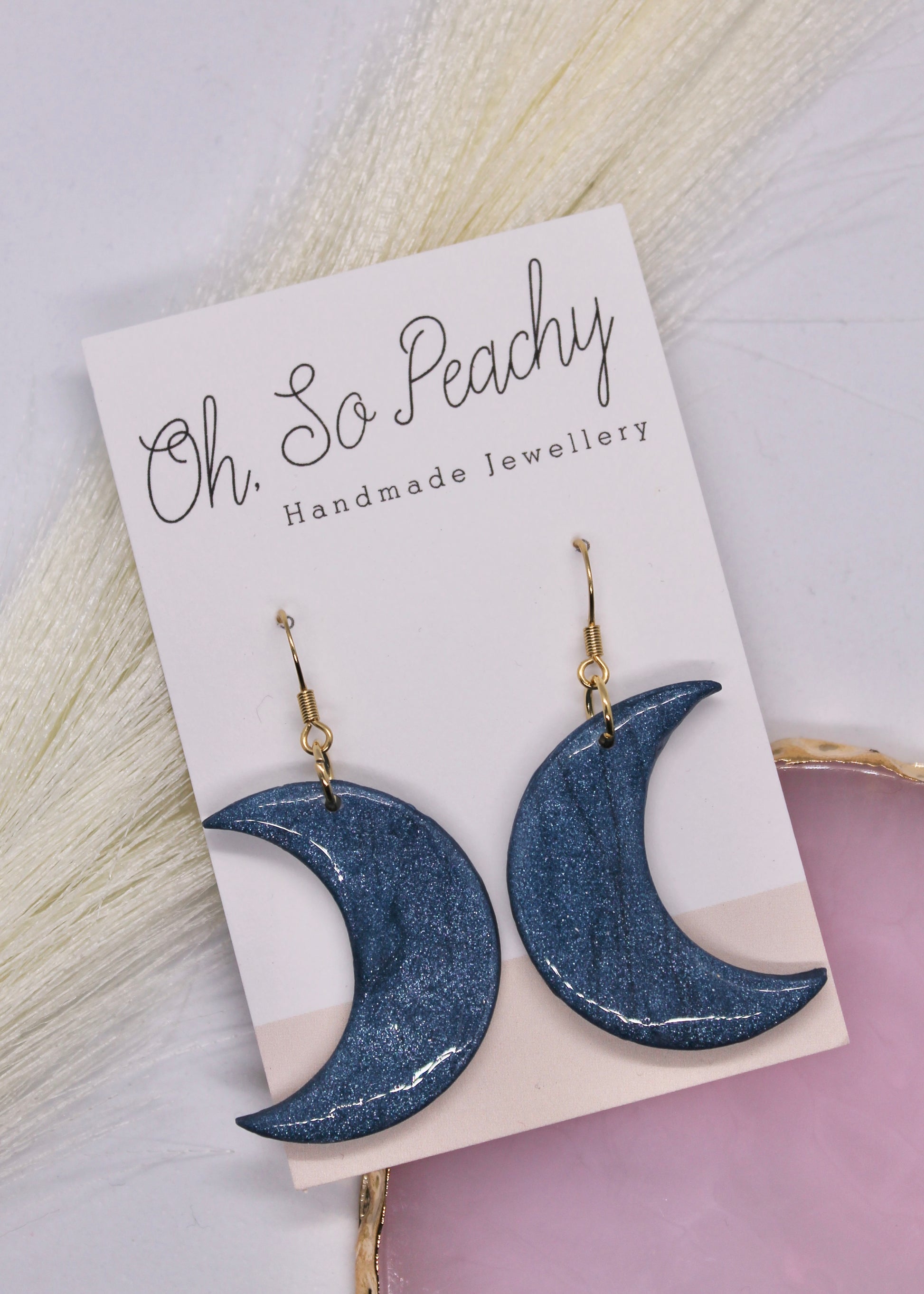 Polymer Clay Navy Pearl Moon Hook Earrings