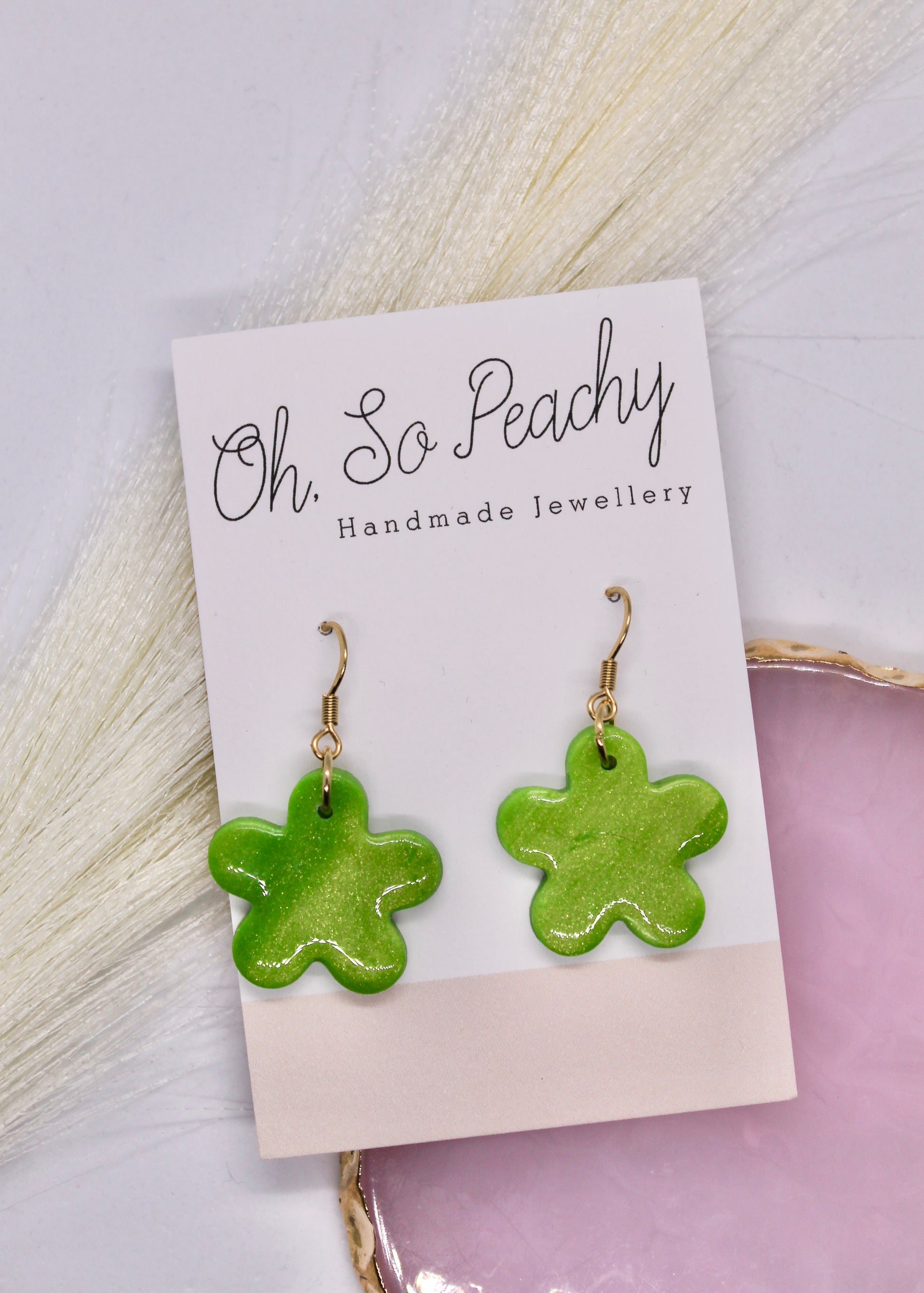 Polymer Clay Bright Green Pearl Flower Hook Earrings