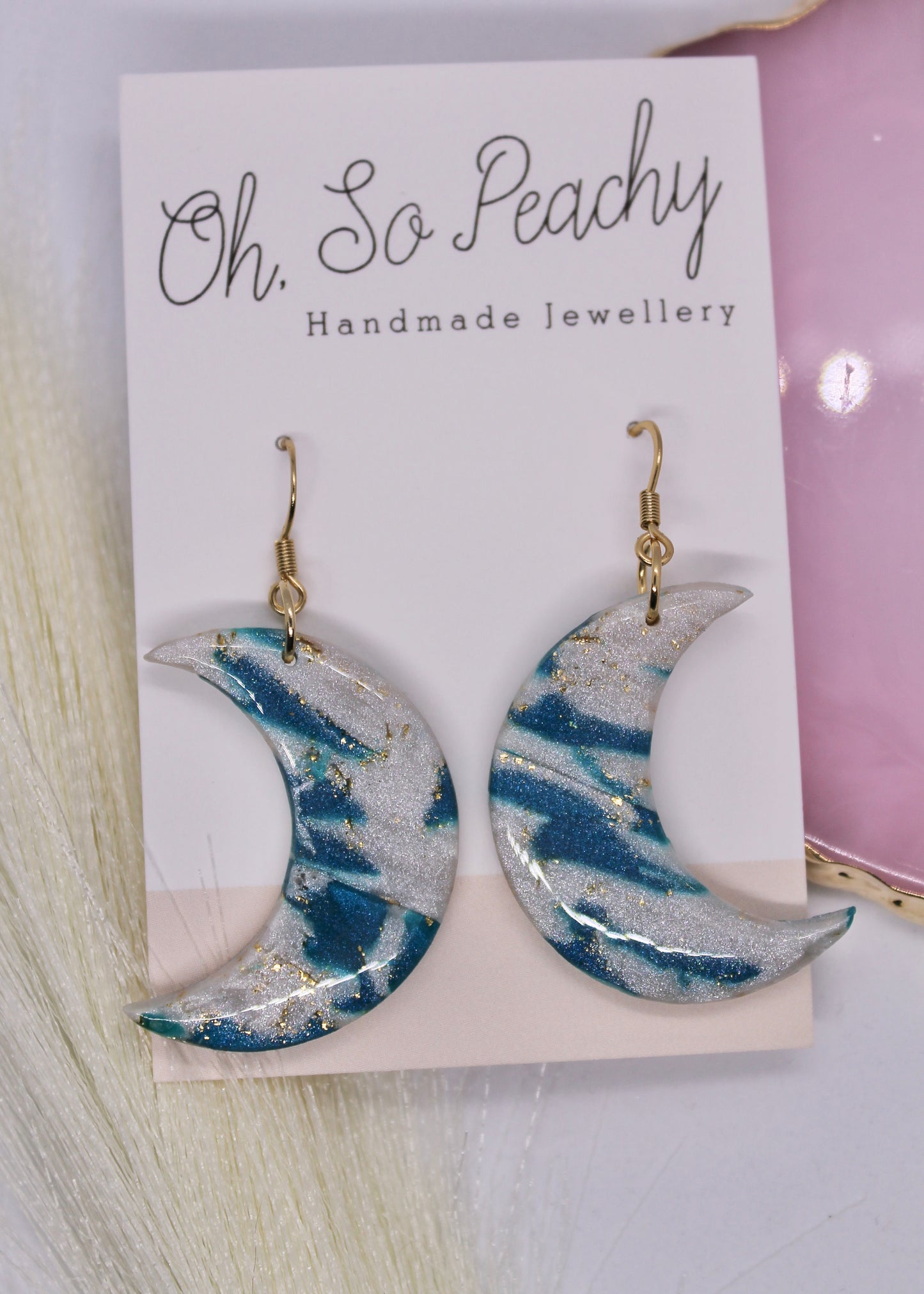 Polymer Clay Pearl And Peacock Green Moon Hook Earrings