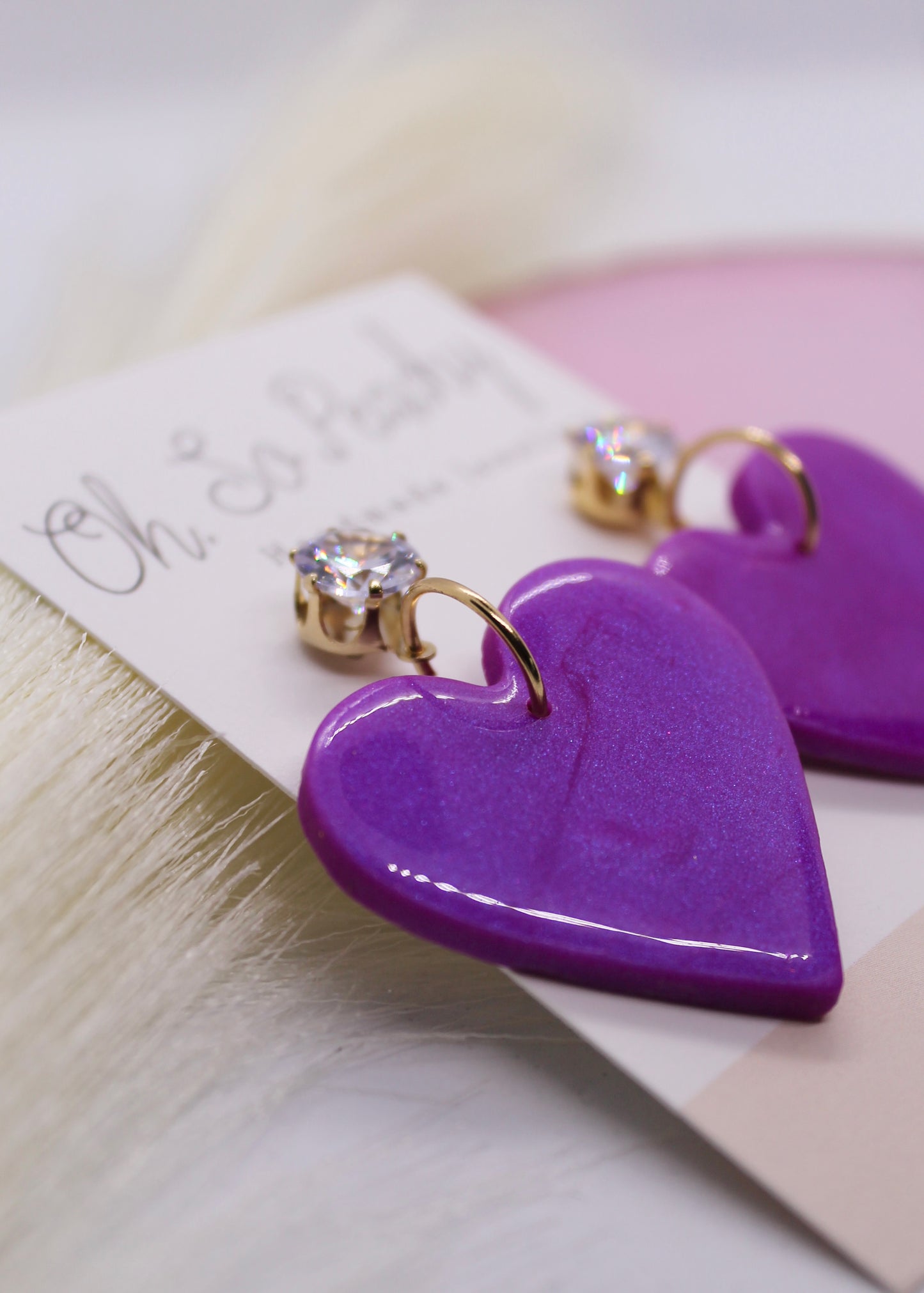 Polymer Clay Deep Purple Pearl Heart Jewel Stud Earrings Close Up