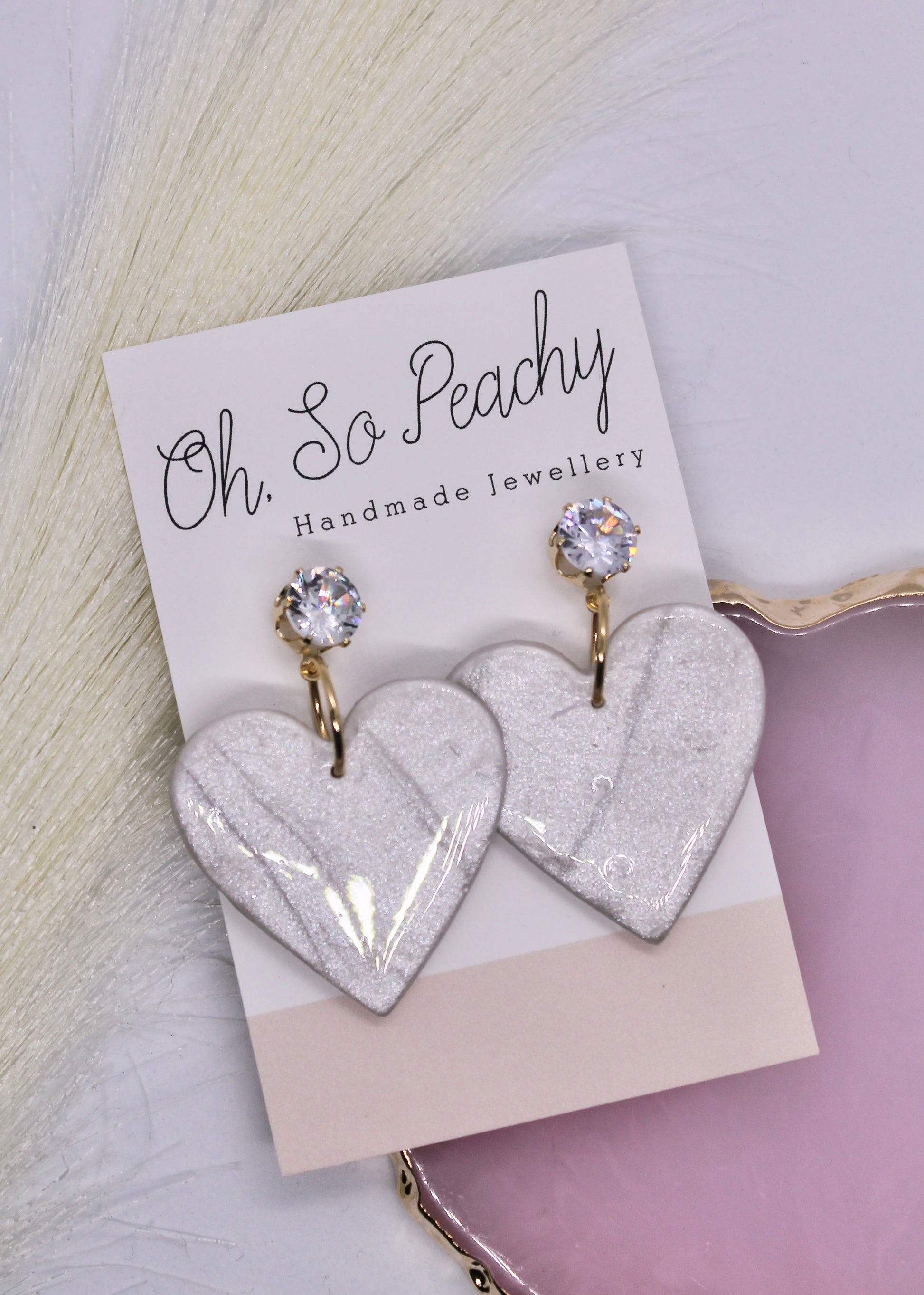 Polymer Clay Pearl Heart Jewel Stud Earrings