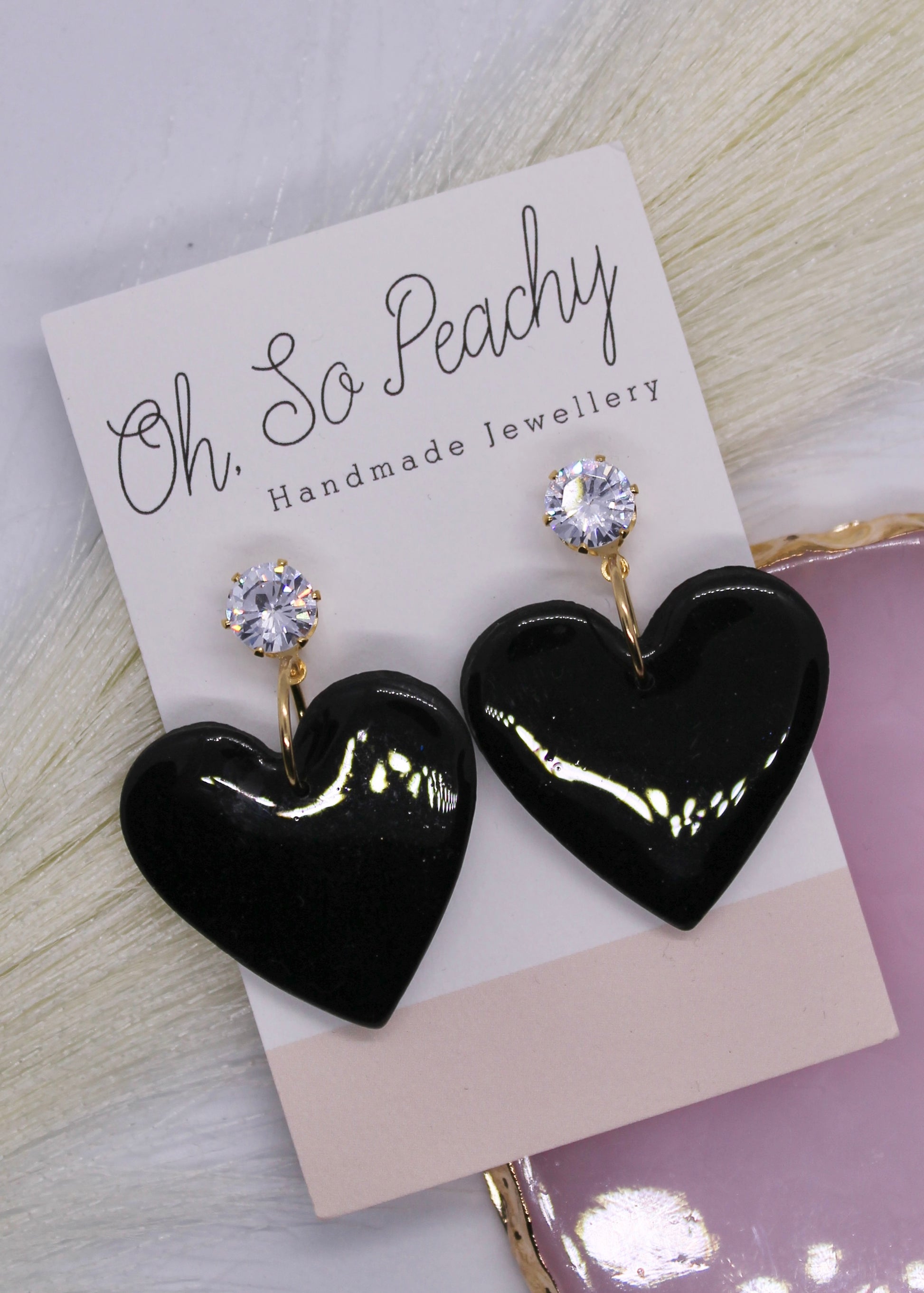 Polymer Clay Black Heart Jewel Stud Earrings