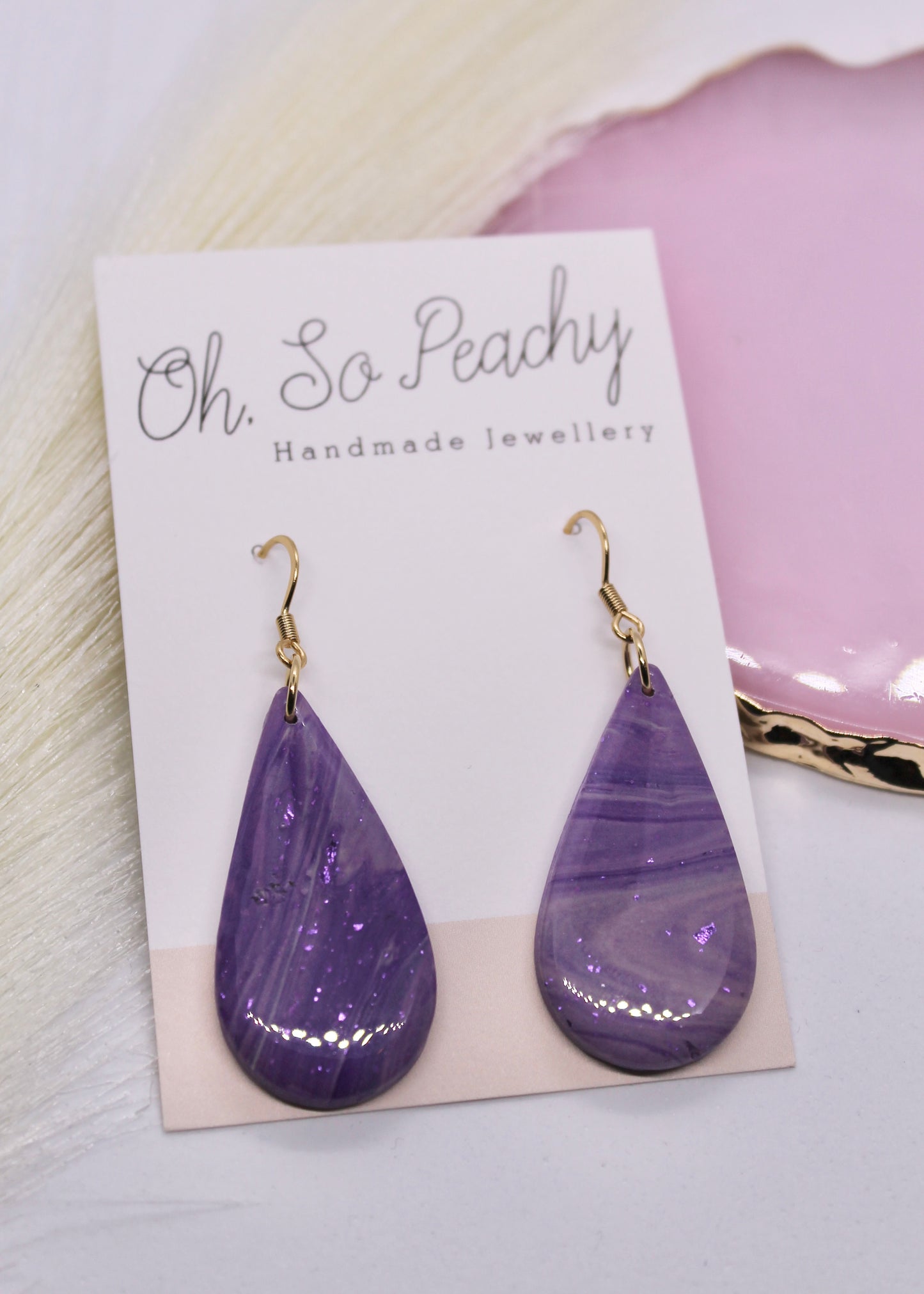 Polymer Clay Purple Marble Teardrop Hook Earrings