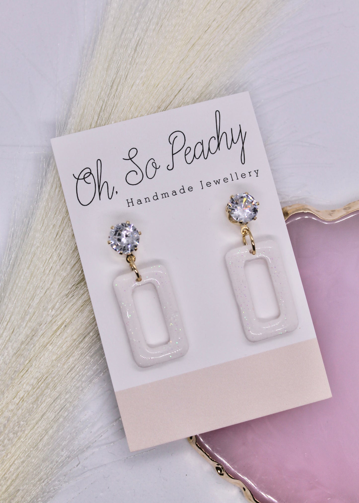 Polymer Clay White Glitter Rectangle Jewel Stud Earrings