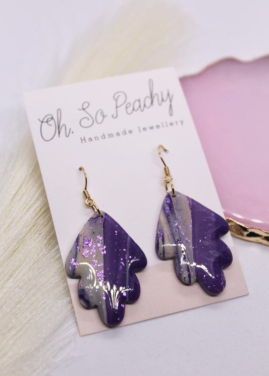 Polymer Clay Purple Marble Leaf Hook Earrings