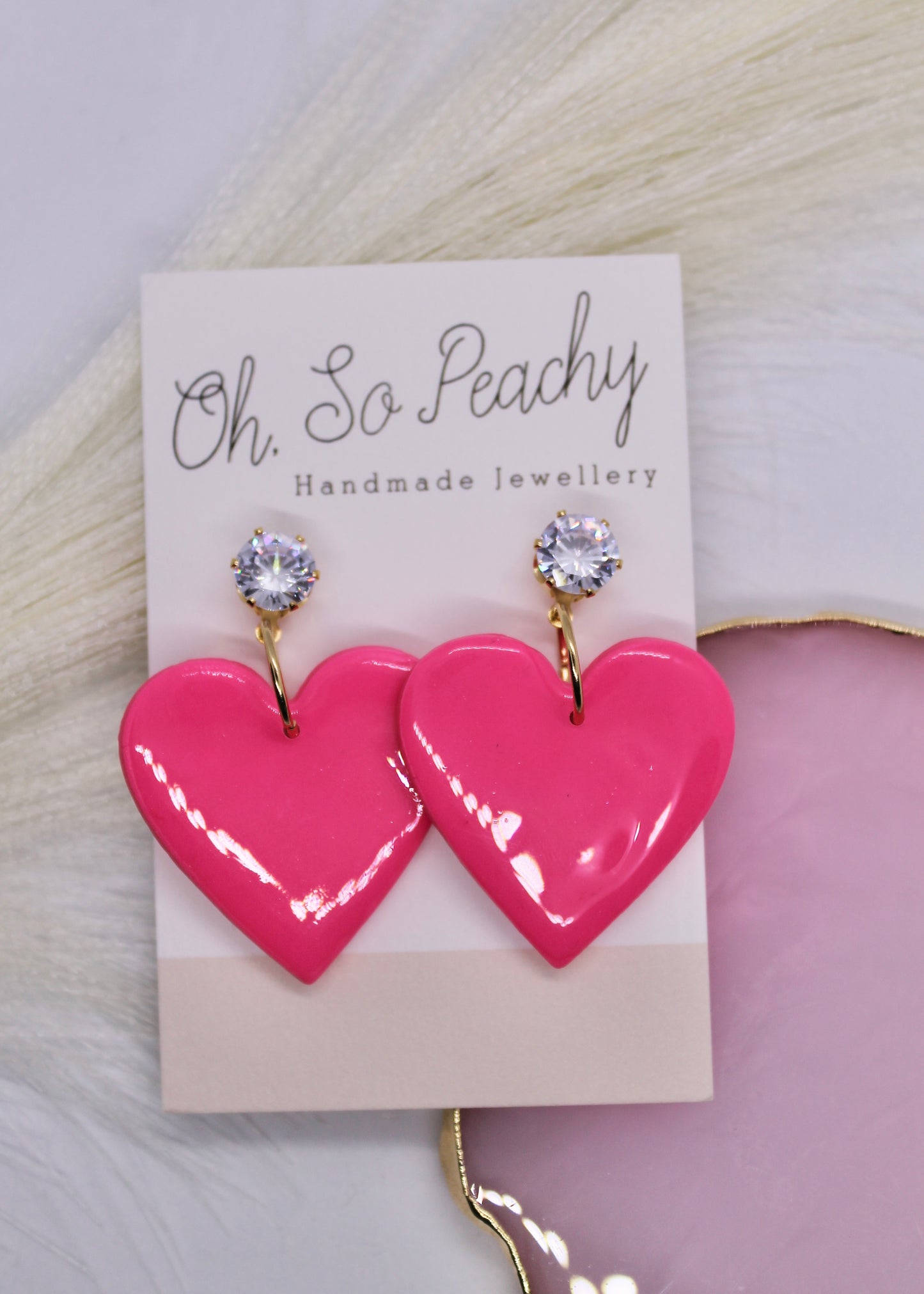 Polymer Clay Hot Pink Heart Jewel Stud Earrings