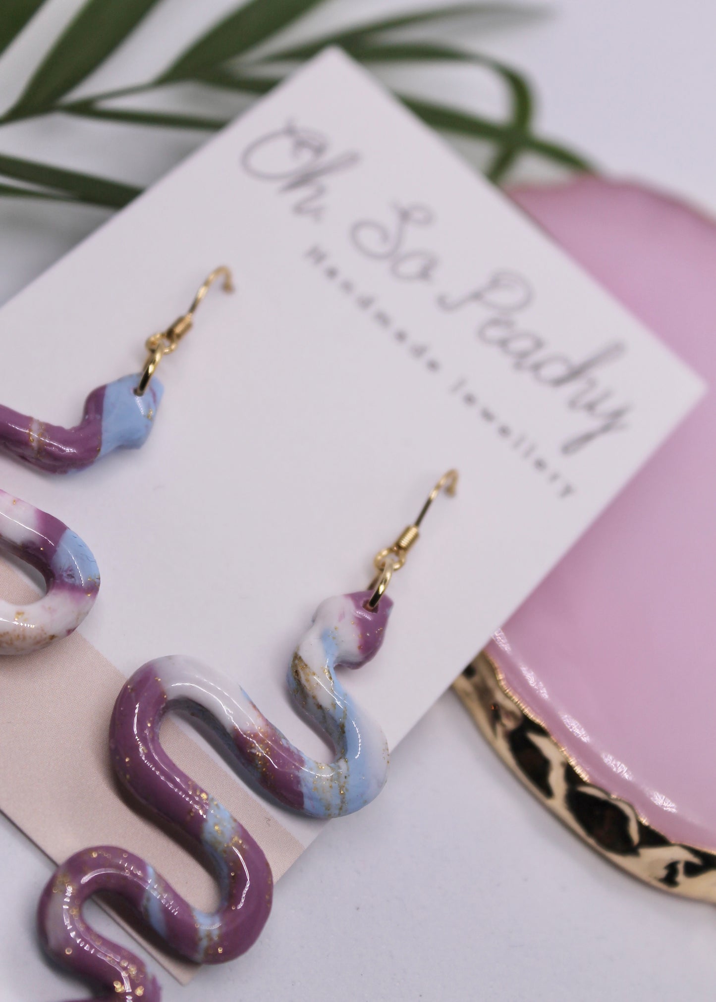 Polymer Clay Purple and Blue Snake Hook Earrings Close Up