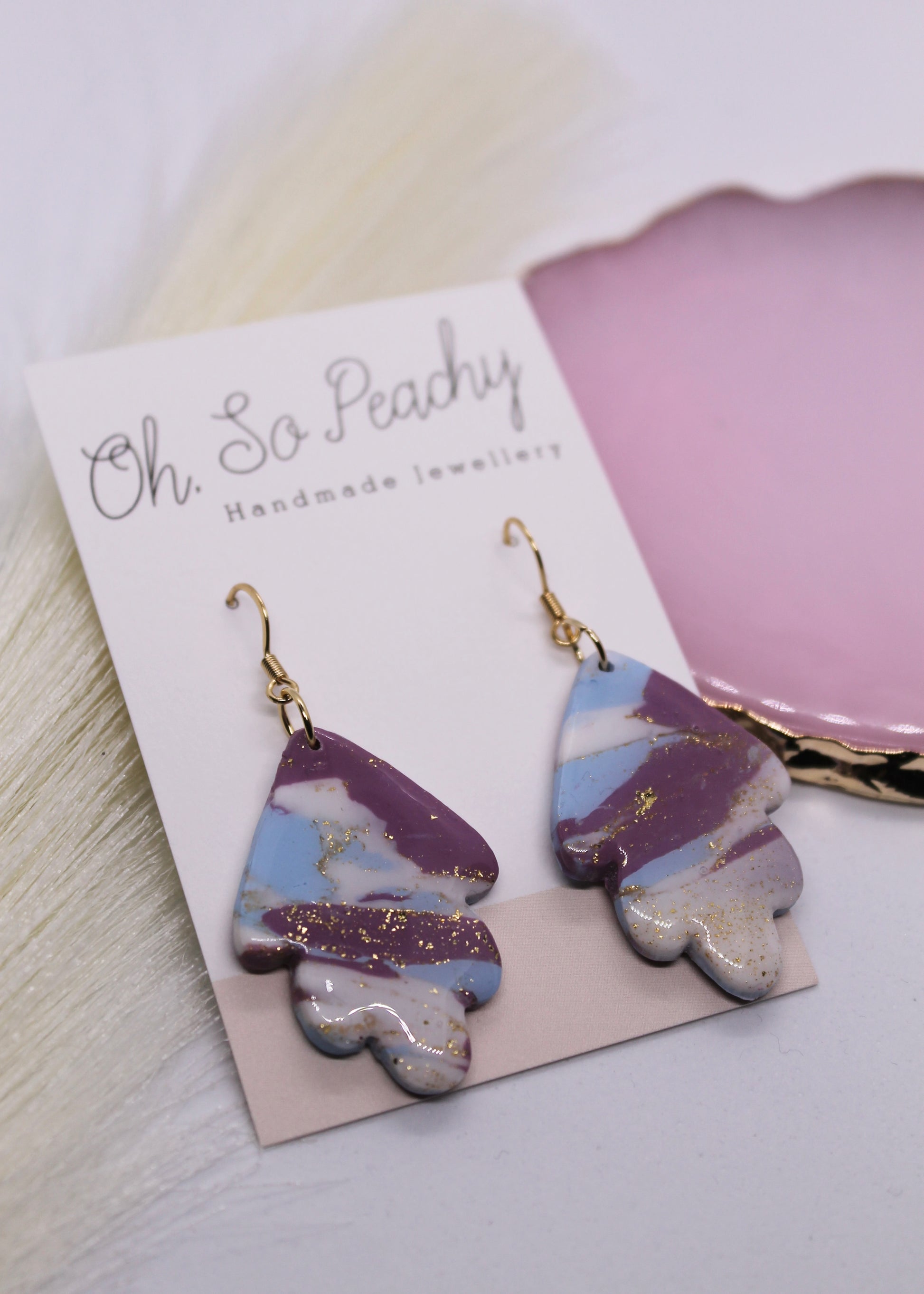 Polymer Clay Purple and Blue Marble Leaf Hook Earrings