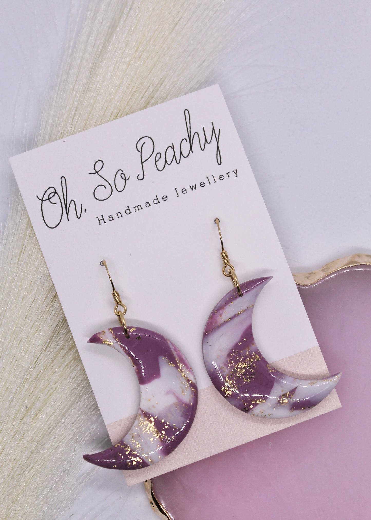 Polymer Clay Purple And White Moon Hook Earrings