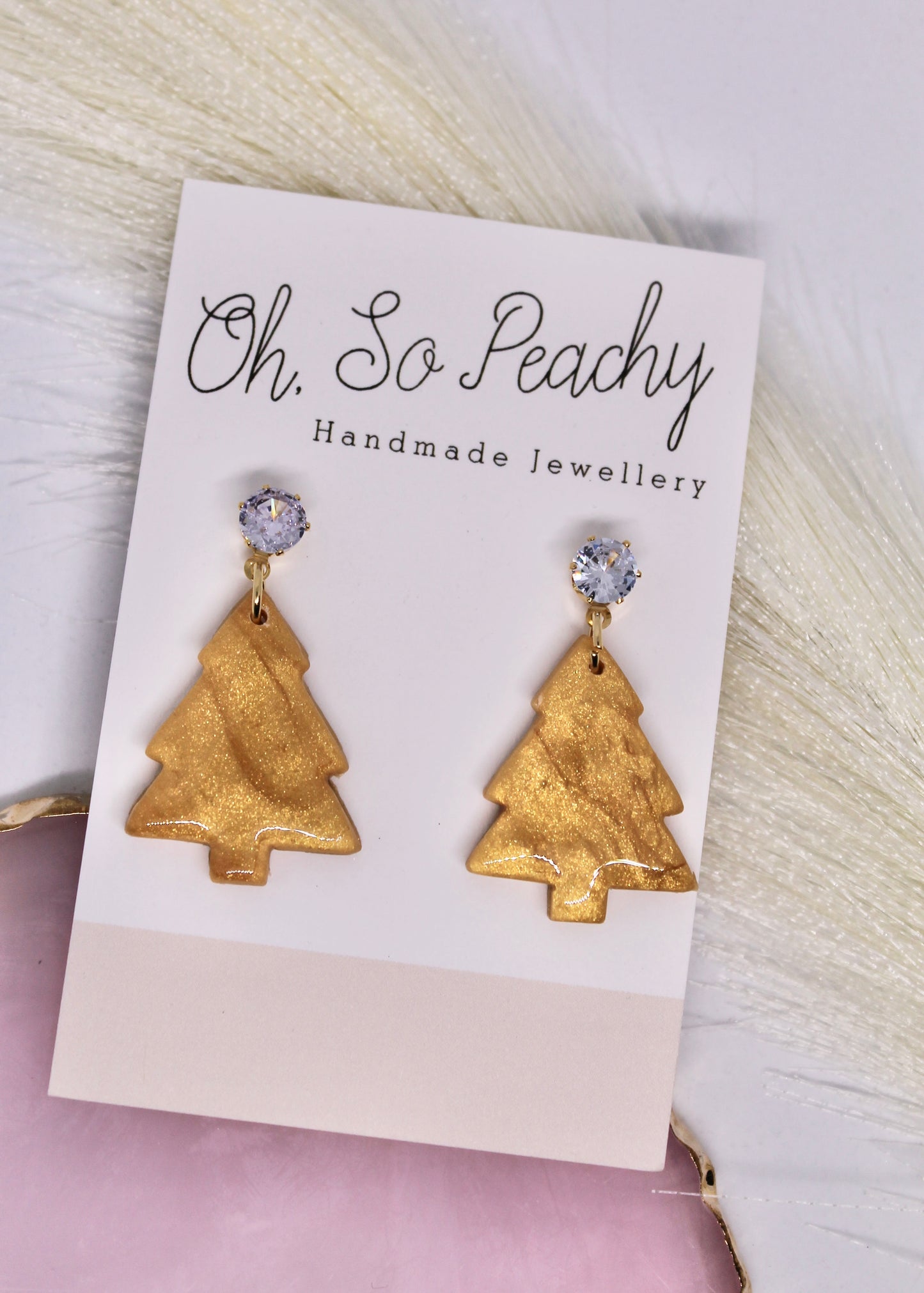 Polymer Clay Gold Pearl Christmas Tree Jewel Stud Earrings