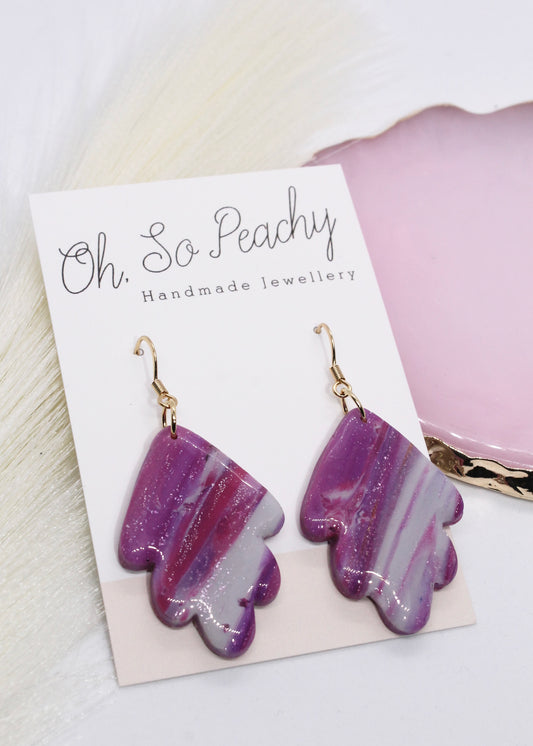 Polymer Clay Purple and Pink Marble Leaf Hook Earrings