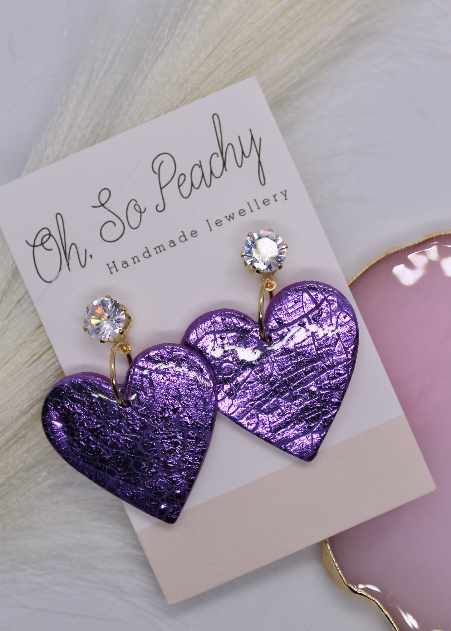 Polymer Clay Deep Purple Pearl With Cracked Purple Foil Heart Jewel Stud Earrings