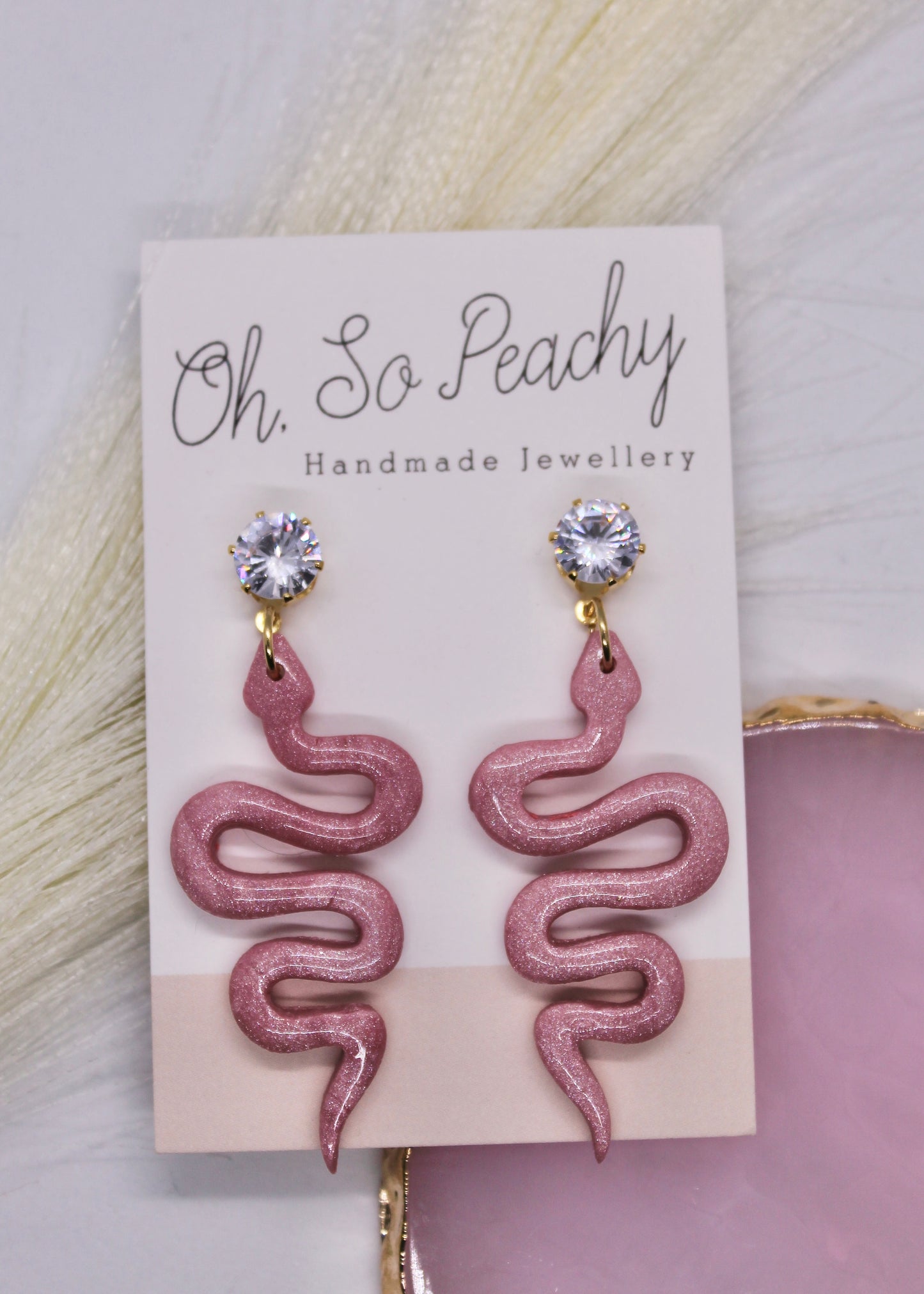 Polymer Clay Pink Pearl Snake Jewel Stud Earrings