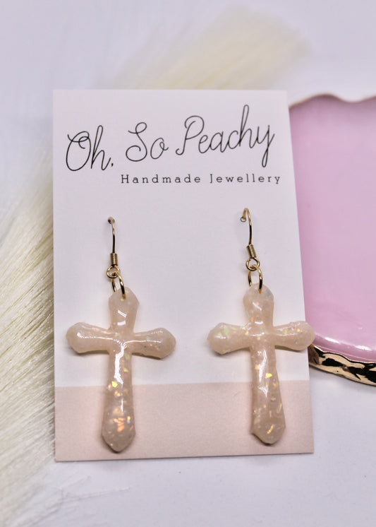 Polymer Clay Opal Cross Hook Earrings