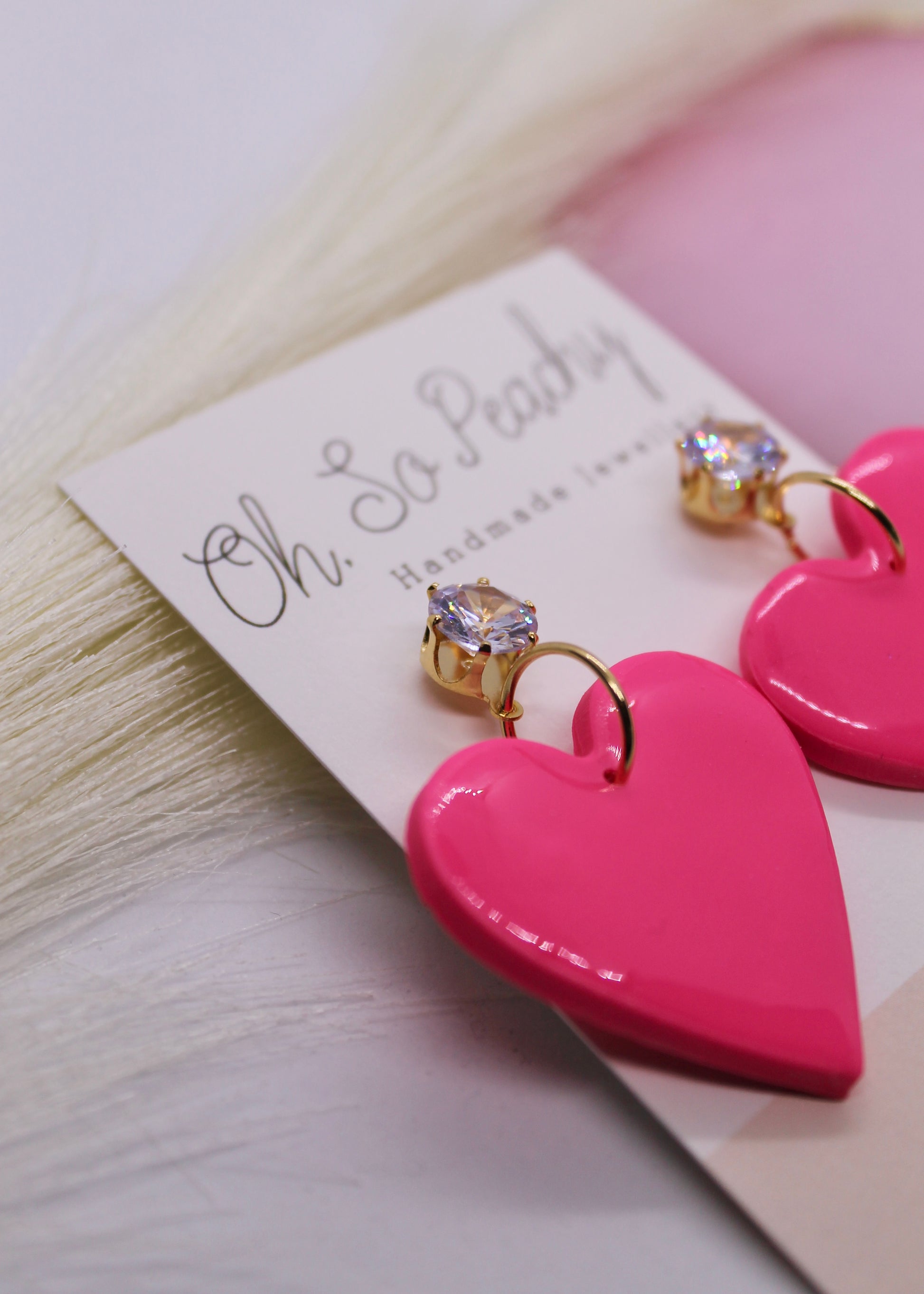 Polymer Clay Hot Pink Heart Jewel Stud Earrings Close Up