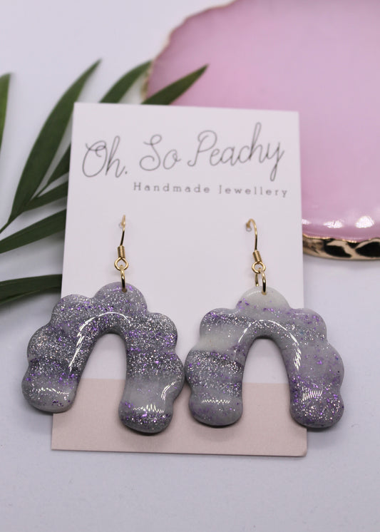 Polymer Clay White and Glitter Silver Marble Arch Hook Earrings (Glow In The Dark)