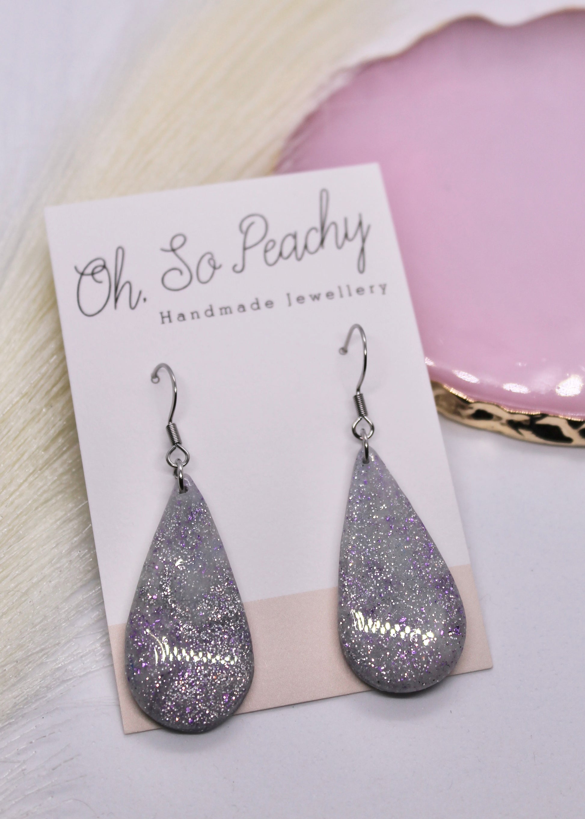 Polymer Clay White and Glitter silver Marble Teardrop Hook Earrings (Glow In The Dark)