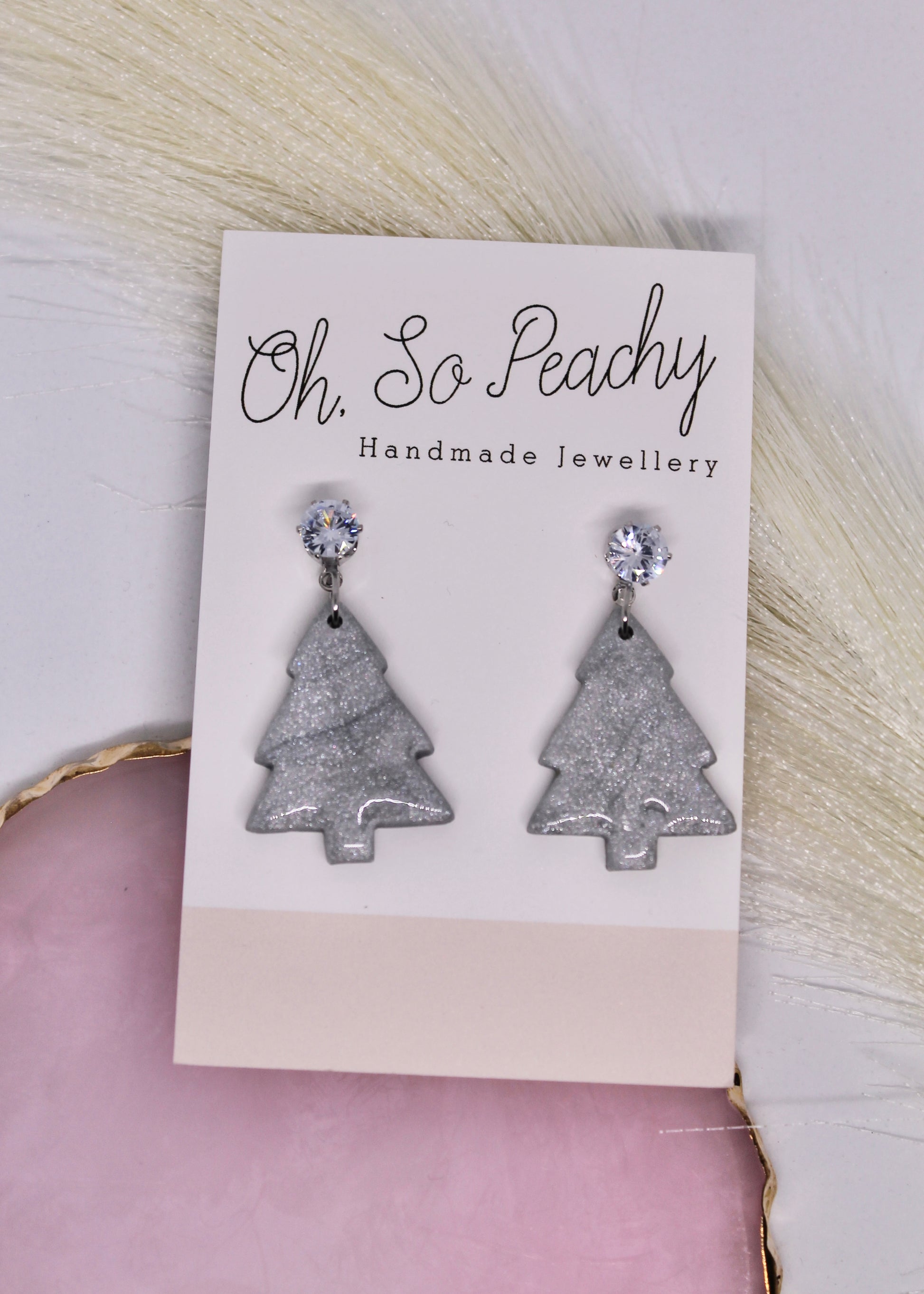 Polymer Clay Silver Pearl Christmas Tree Jewel Stud Earrings