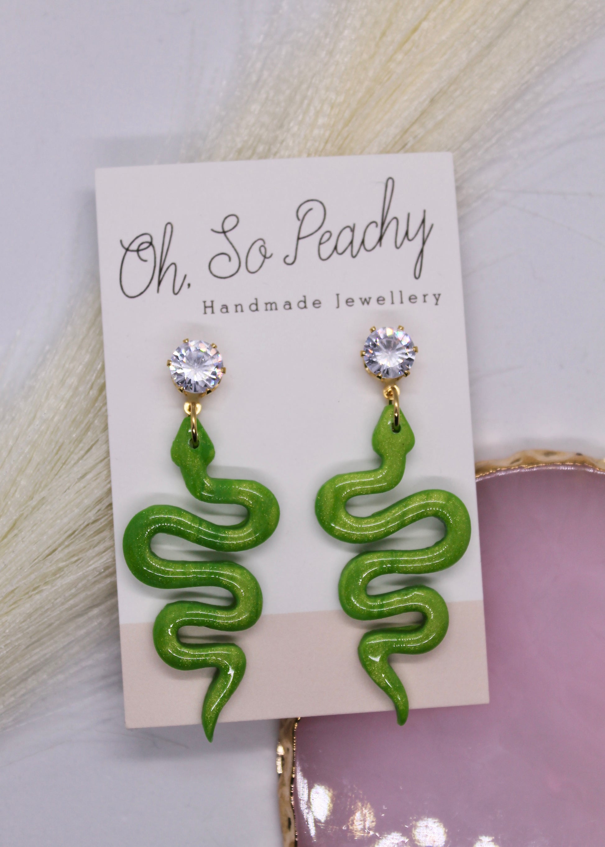 Polymer Clay Bright Green Pearl Snake Jewel Stud Earrings