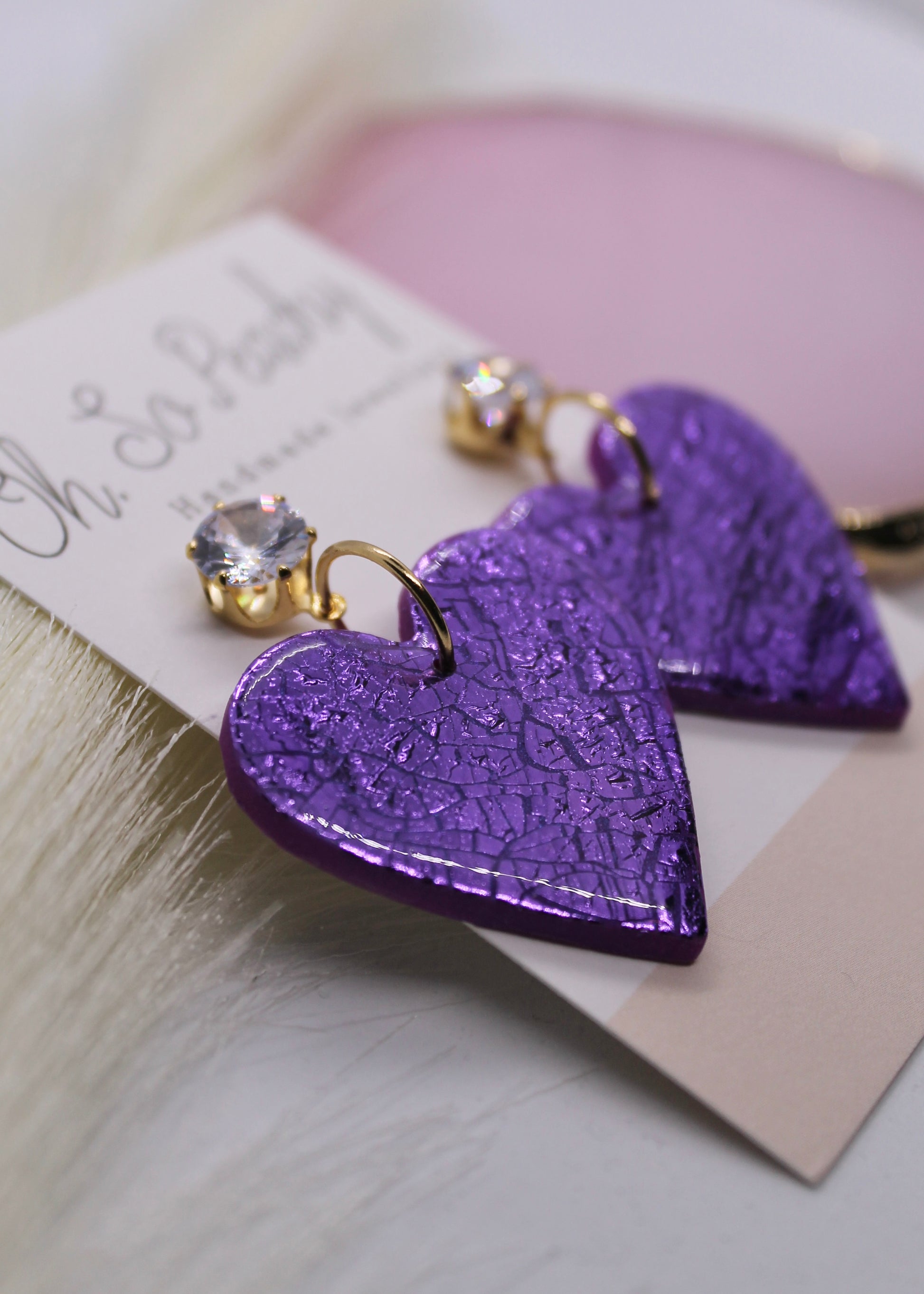 Polymer Clay Deep Purple Pearl With Cracked Purple Foil Heart Jewel Stud Earrings Close Up