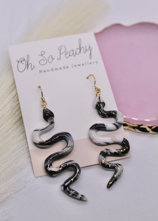 Polymer Clay Black and White Snake Hook Earrings