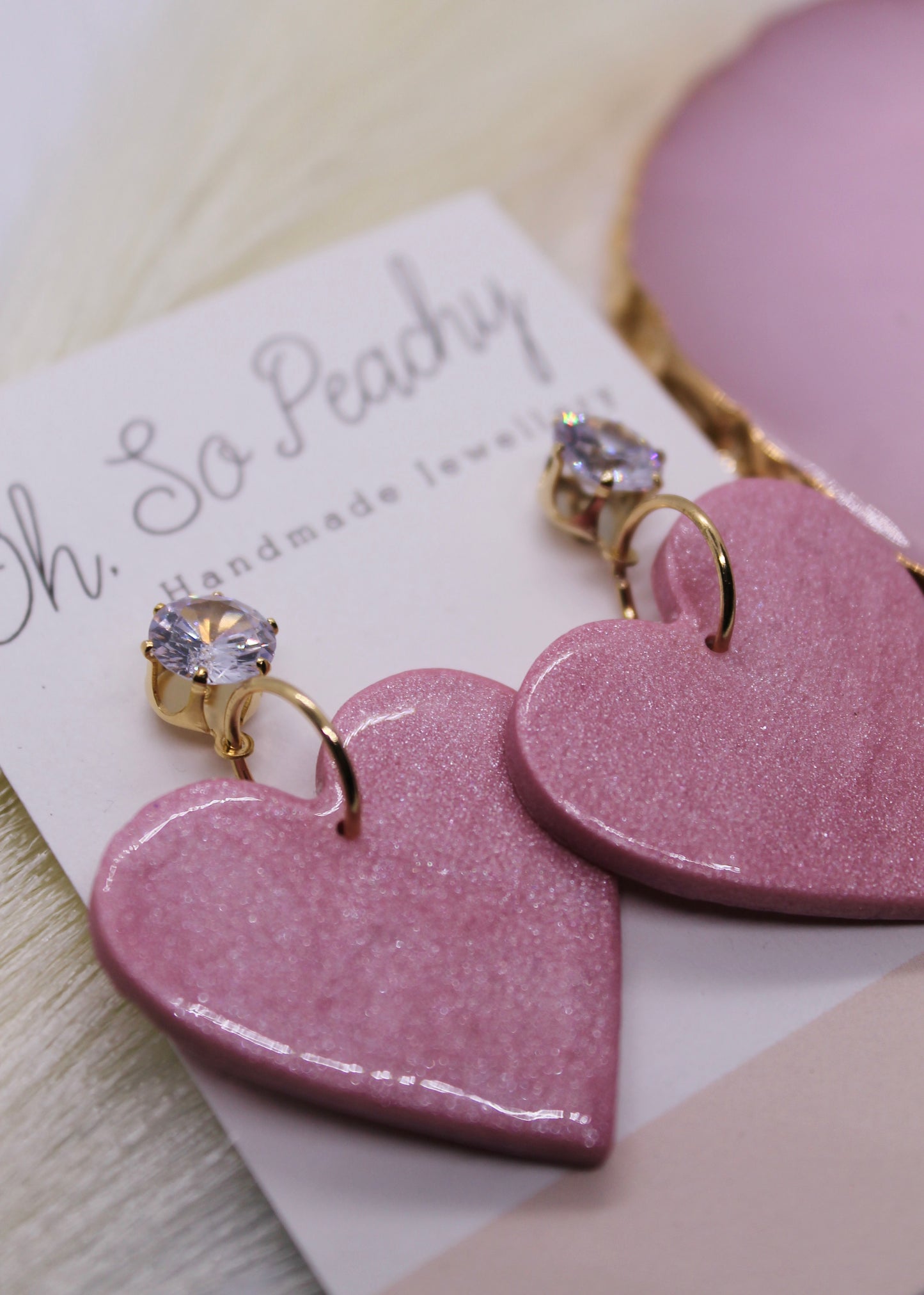 Polymer Clay Pink Pearl Heart Jewel Stud Earrings Close Up