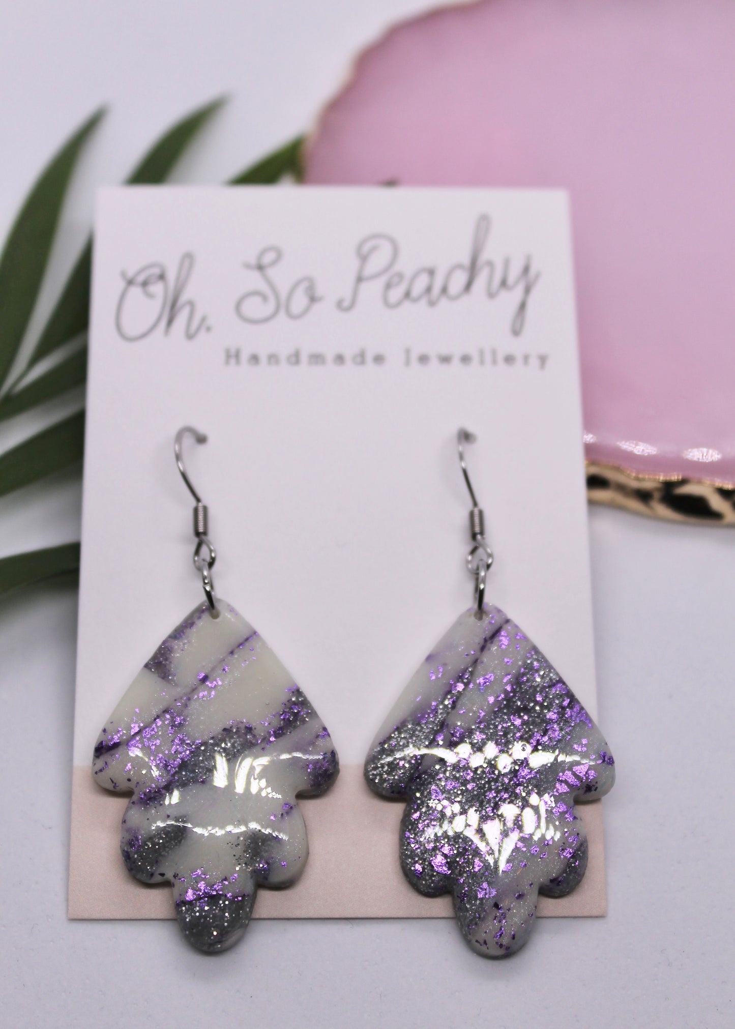 Polymer Clay White And Glitter Silver Leaf Hook Earrings (Glow In The Dark)