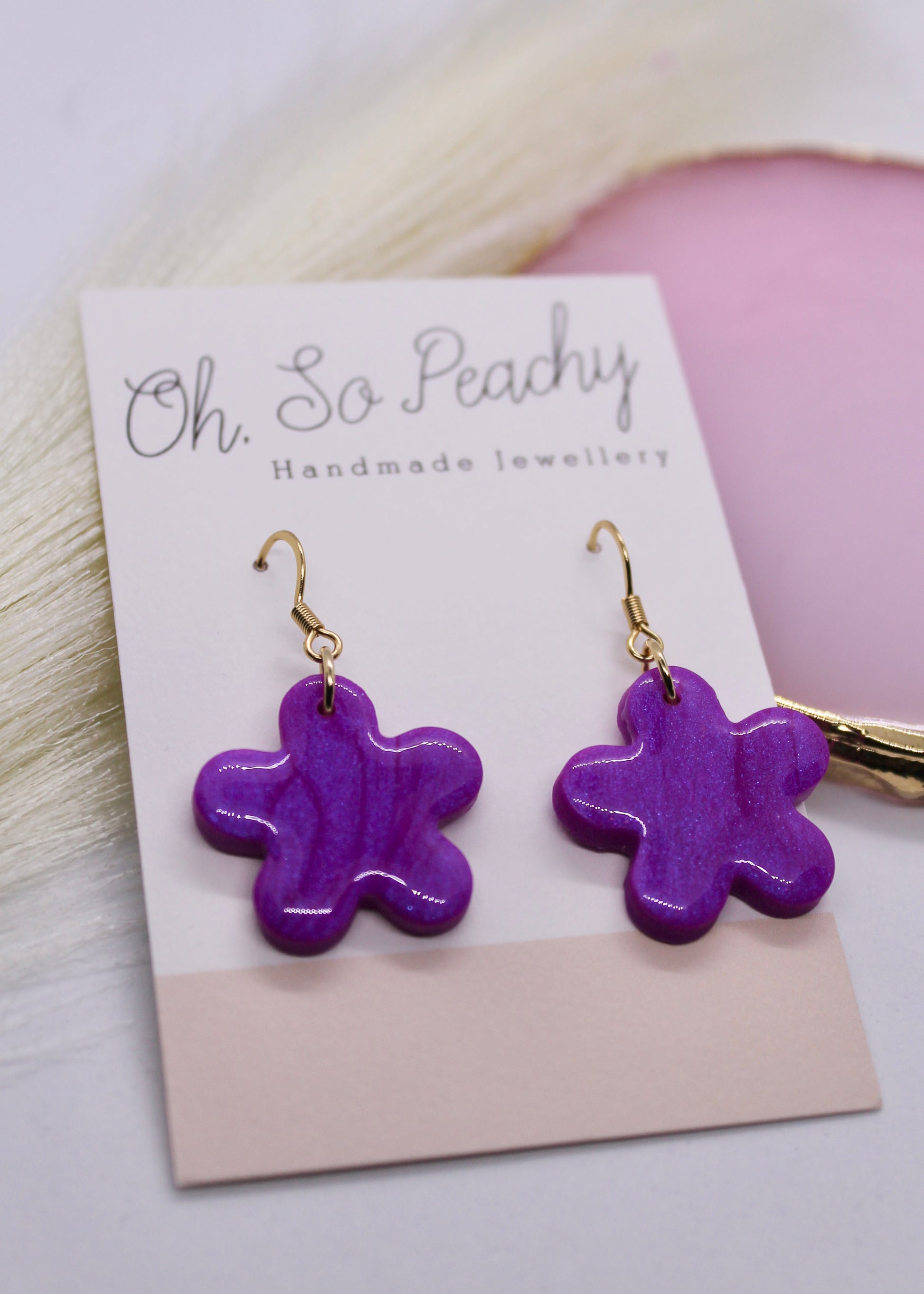 Polymer Clay Deep Purple Pearl Flower Hook Earrings